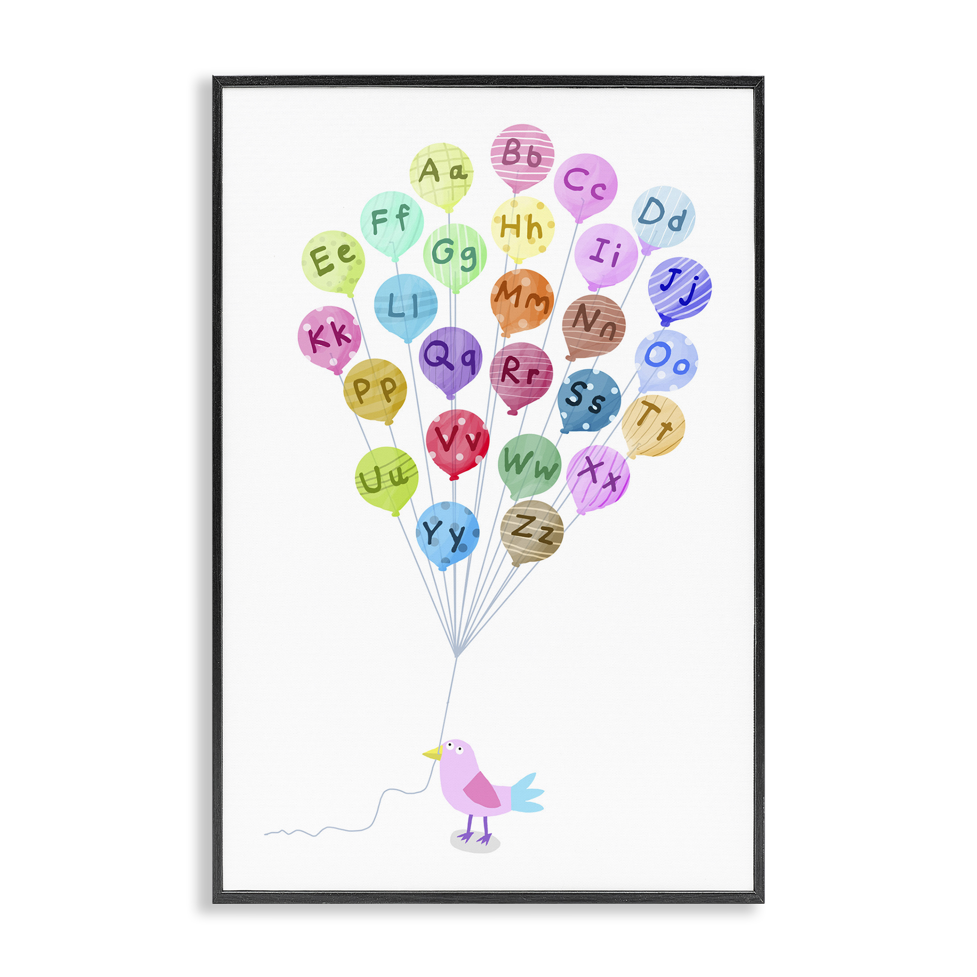 Stupell Industries Bird & Alphabet Balloons Animals & Insects Painting Black Framed Art Print Wall Art, 12 x 18
