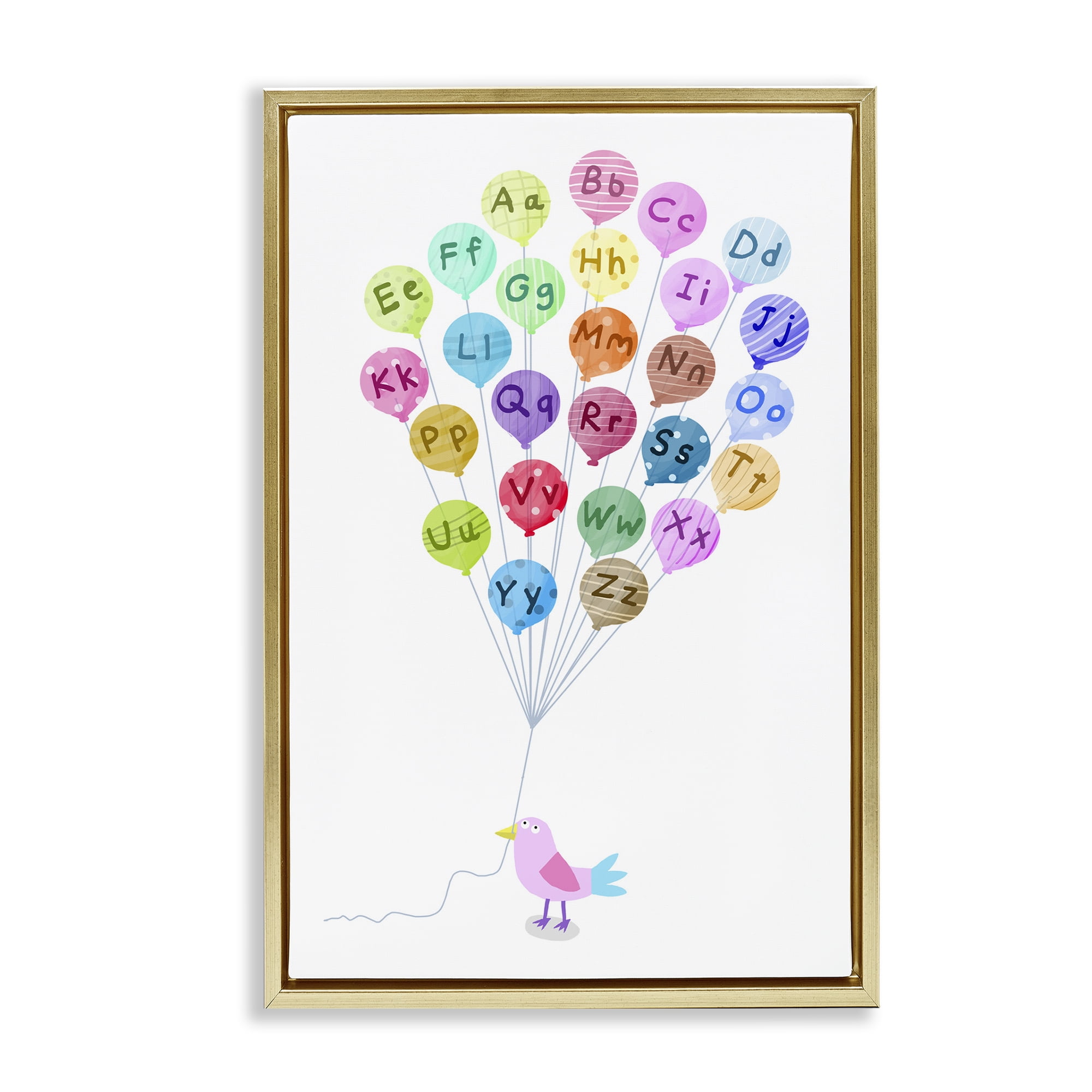 Stupell Industries Bird & Alphabet Balloons Animals & Insects Painting Gold Floater Framed Art Print Wall Art, 21 x 31