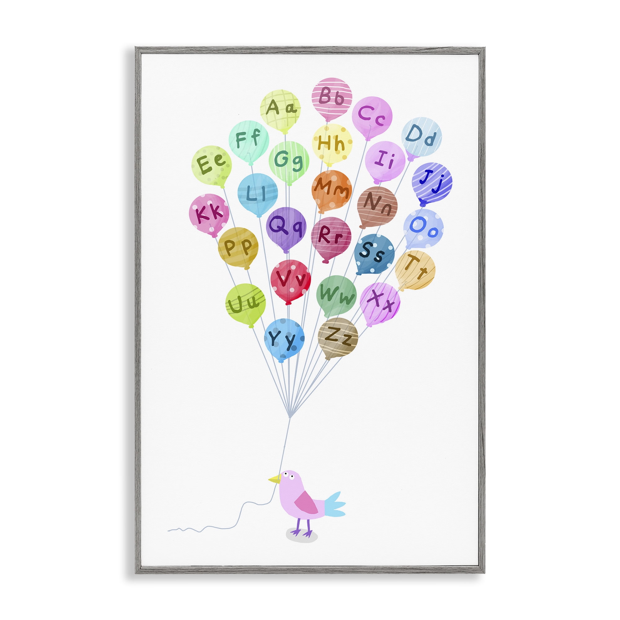 Stupell Industries Bird & Alphabet Balloons Animals & Insects Painting Gray Framed Art Print Wall Art, 16 x 24