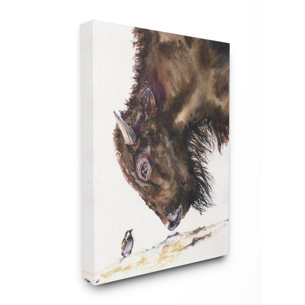 Stupell Industries Bird And Large Buffalo Animal Watercolor Painting Canvas Wall Art by George Dyachenko
