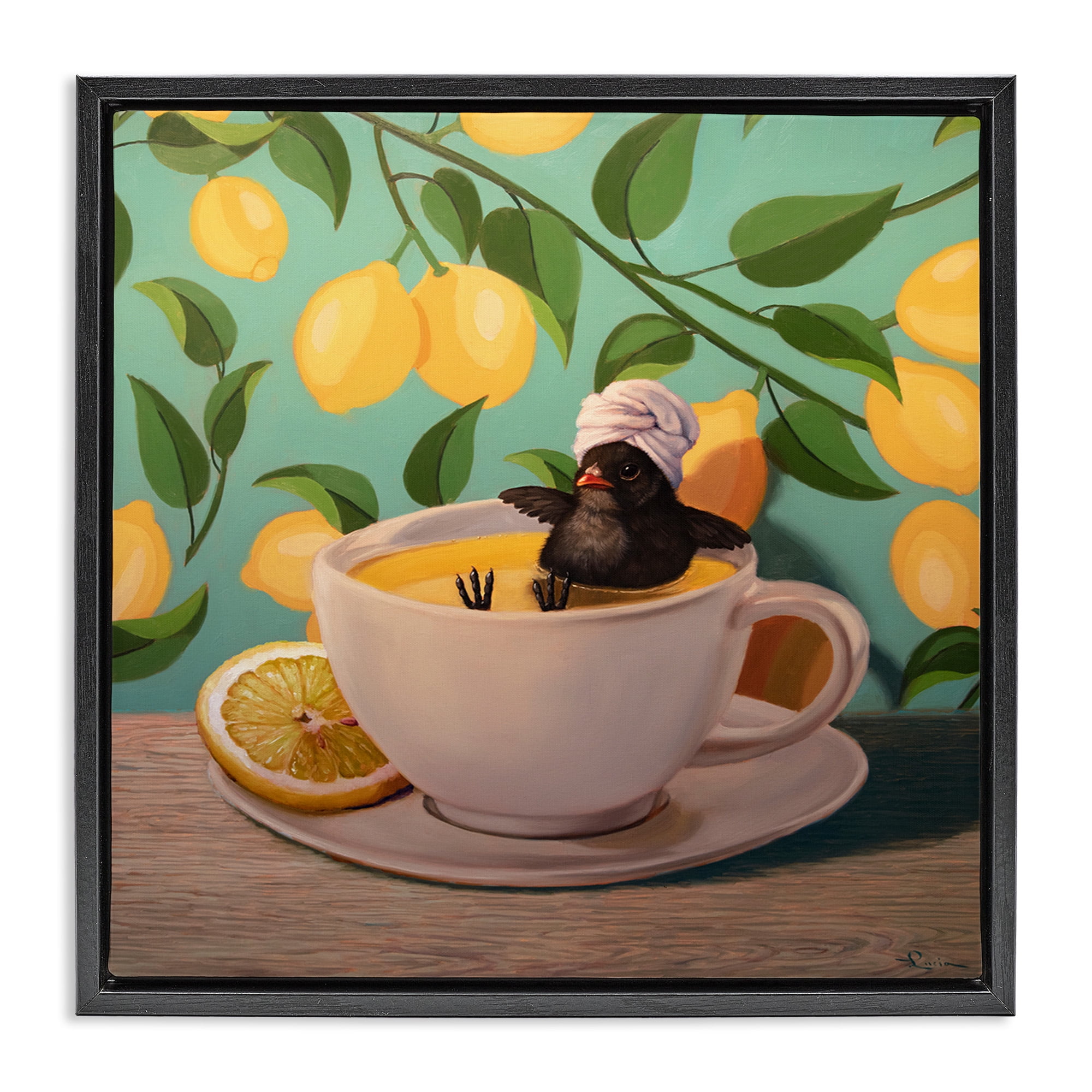 Stupell Industries Bird Bathing Lemon Tea Animals & Insects Painting Black Floater Framed Canvas Art Print Wall Art, 25 x 25