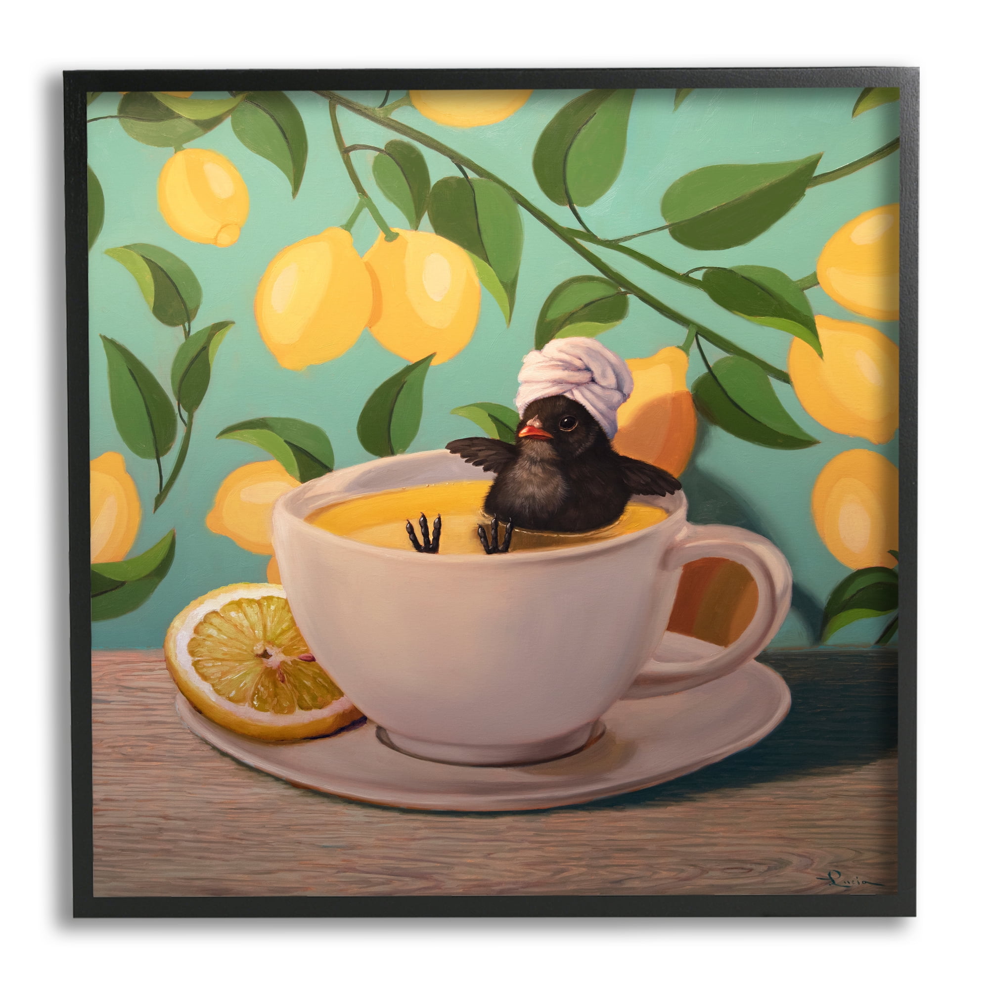 Stupell Industries Bird Bathing Lemon Tea Animals & Insects Painting Black Framed Art Print Wall Art, 24 x 24