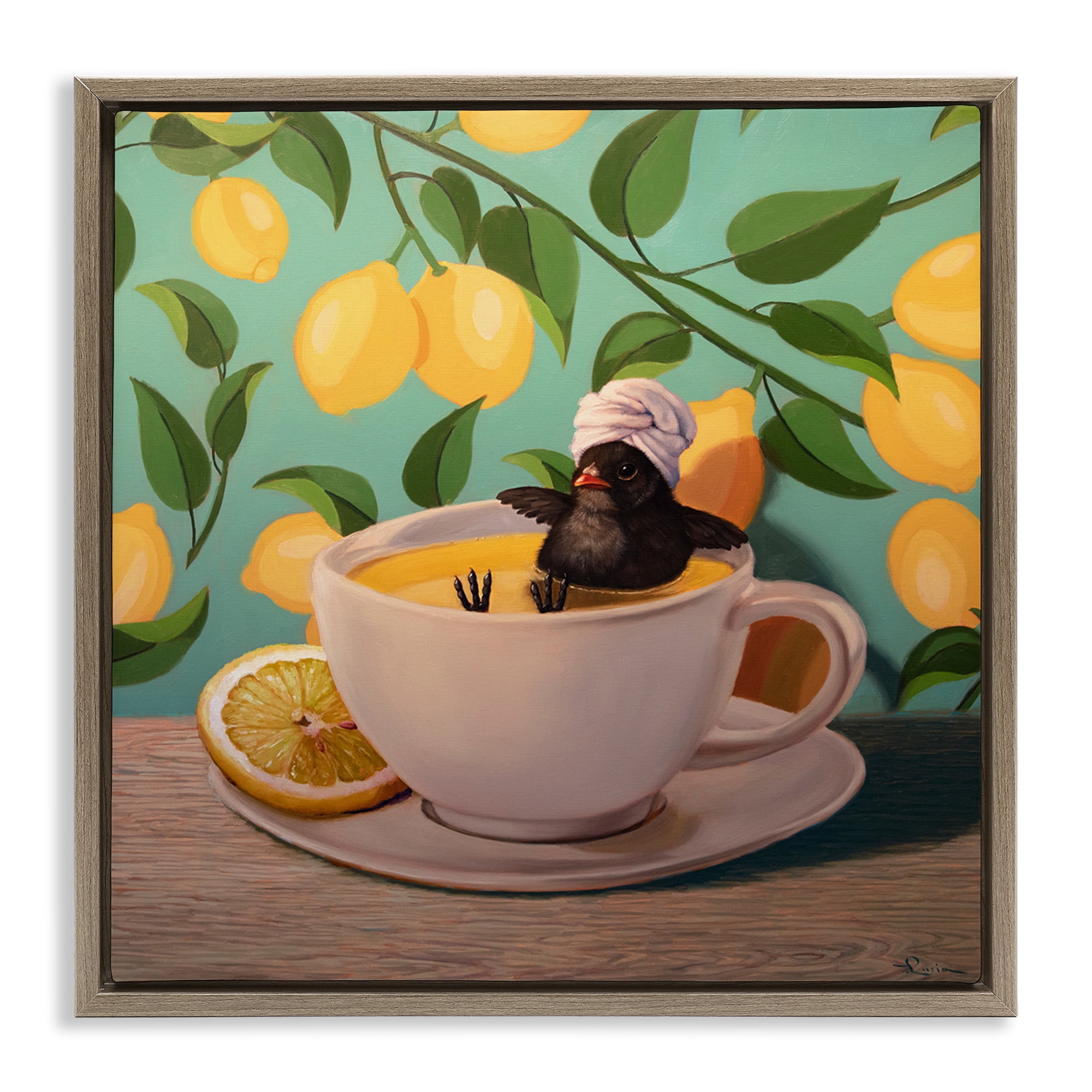 Stupell Industries Bird Bathing Lemon Tea Animals & Insects Painting Brown Floater Framed Canvas Art Print Wall Art, 25 x 25