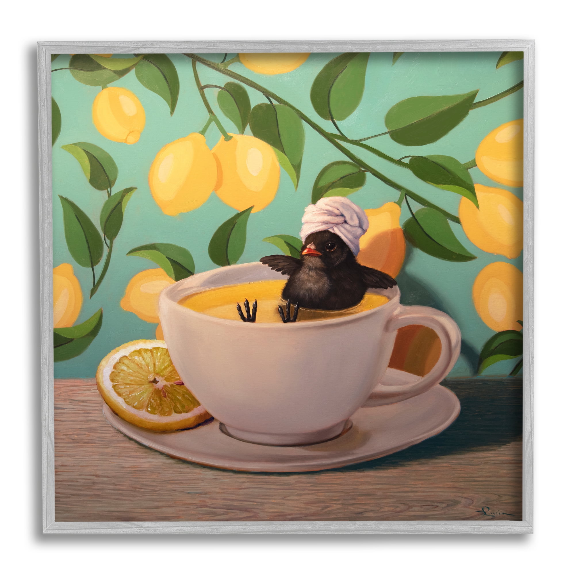 Stupell Industries Bird Bathing Lemon Tea Animals & Insects Painting Gray Framed Art Print Wall Art, 17 x 17