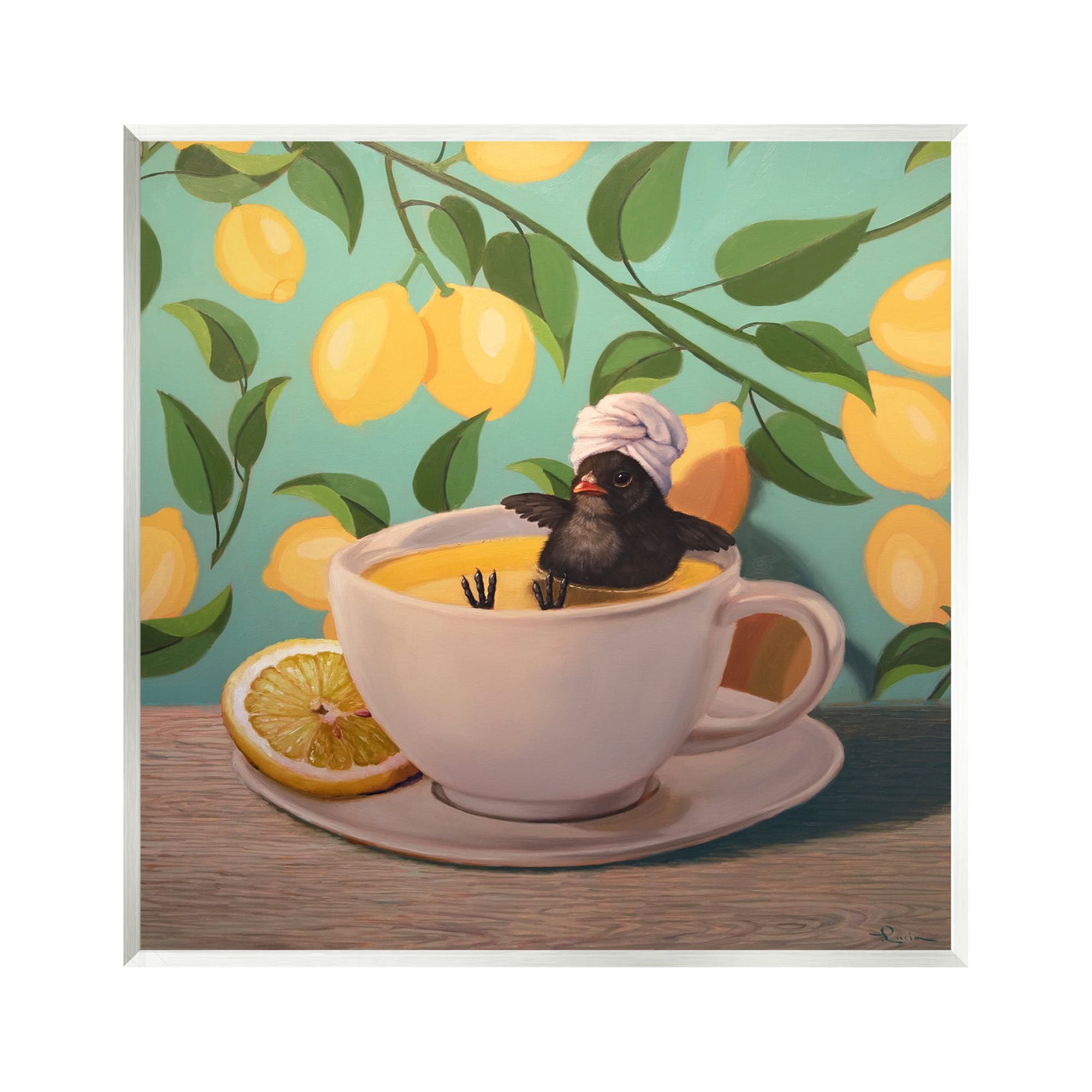 Stupell Industries Bird Bathing Lemon Tea Animals & Insects Painting Unframed Art Print Wall Art, 12 x 12