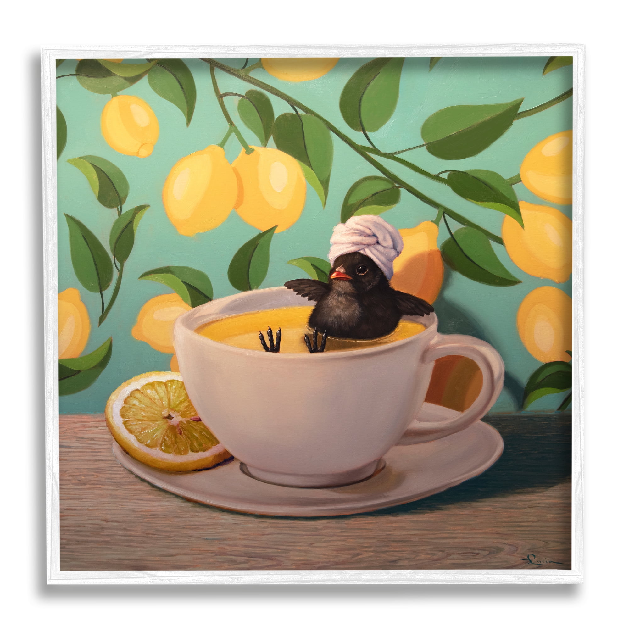 Stupell Industries Bird Bathing Lemon Tea Animals & Insects Painting White Framed Art Print Wall Art, 17 x 17