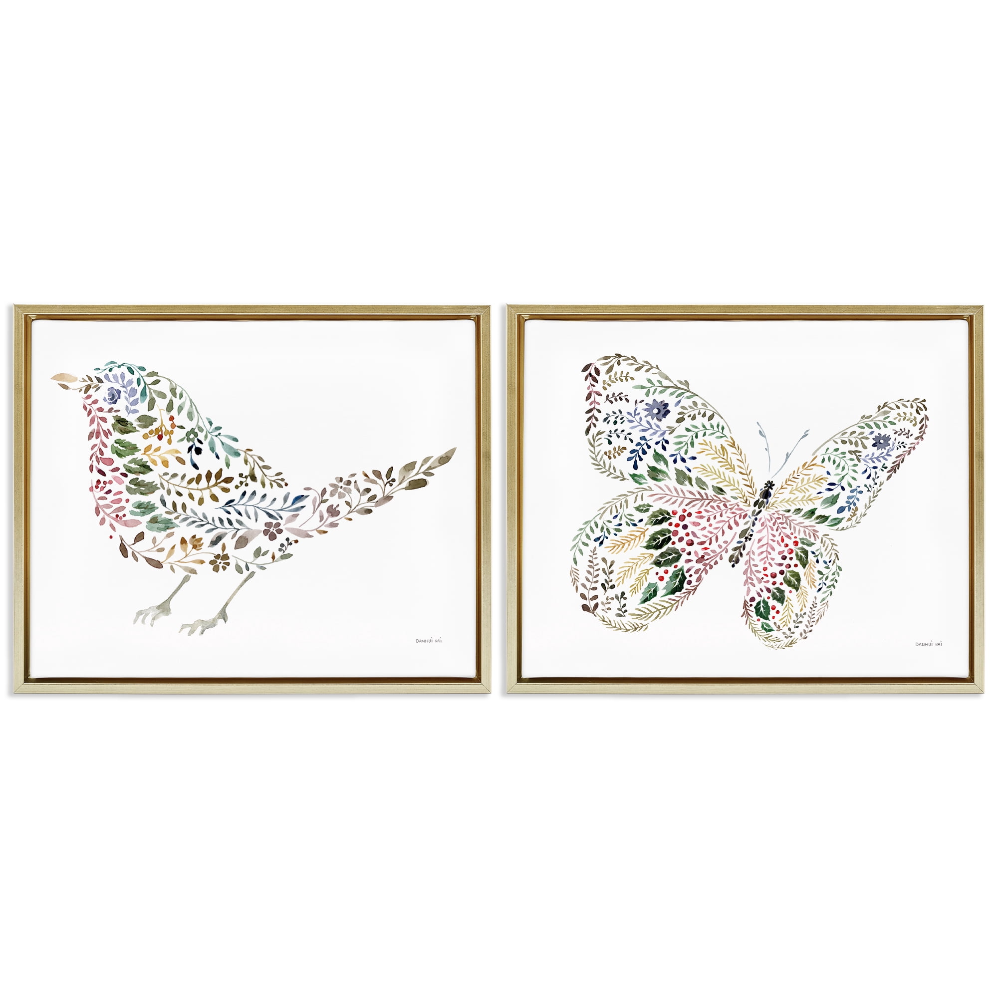 Stupell Industries Bird & Butterfly From Nature Animals Painting Gold Floater Framed Canvas Art Print Wall Art, 31 x 25, Set of 2