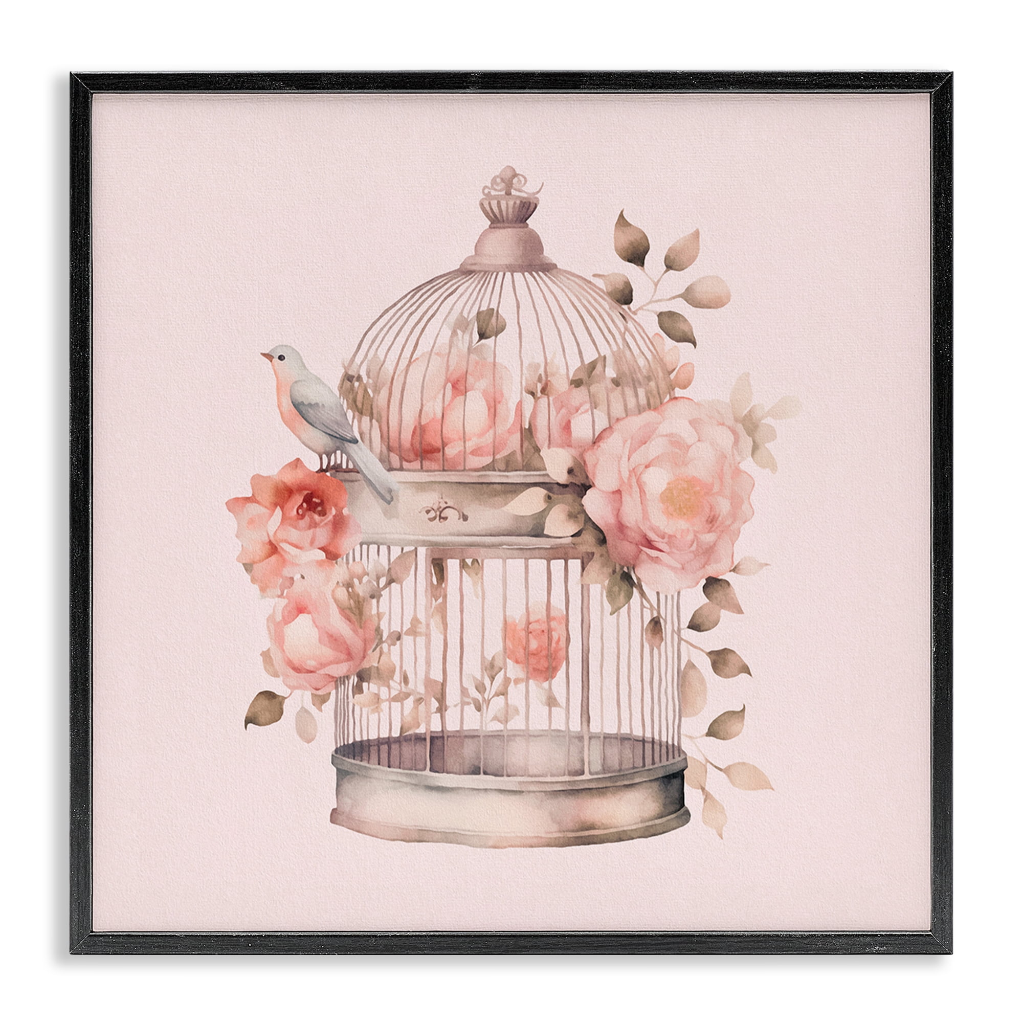Stupell Industries Bird Cage with Rose Blooms Botanical & Floral Painting Black Framed Art Print Wall Art, 17 x 17