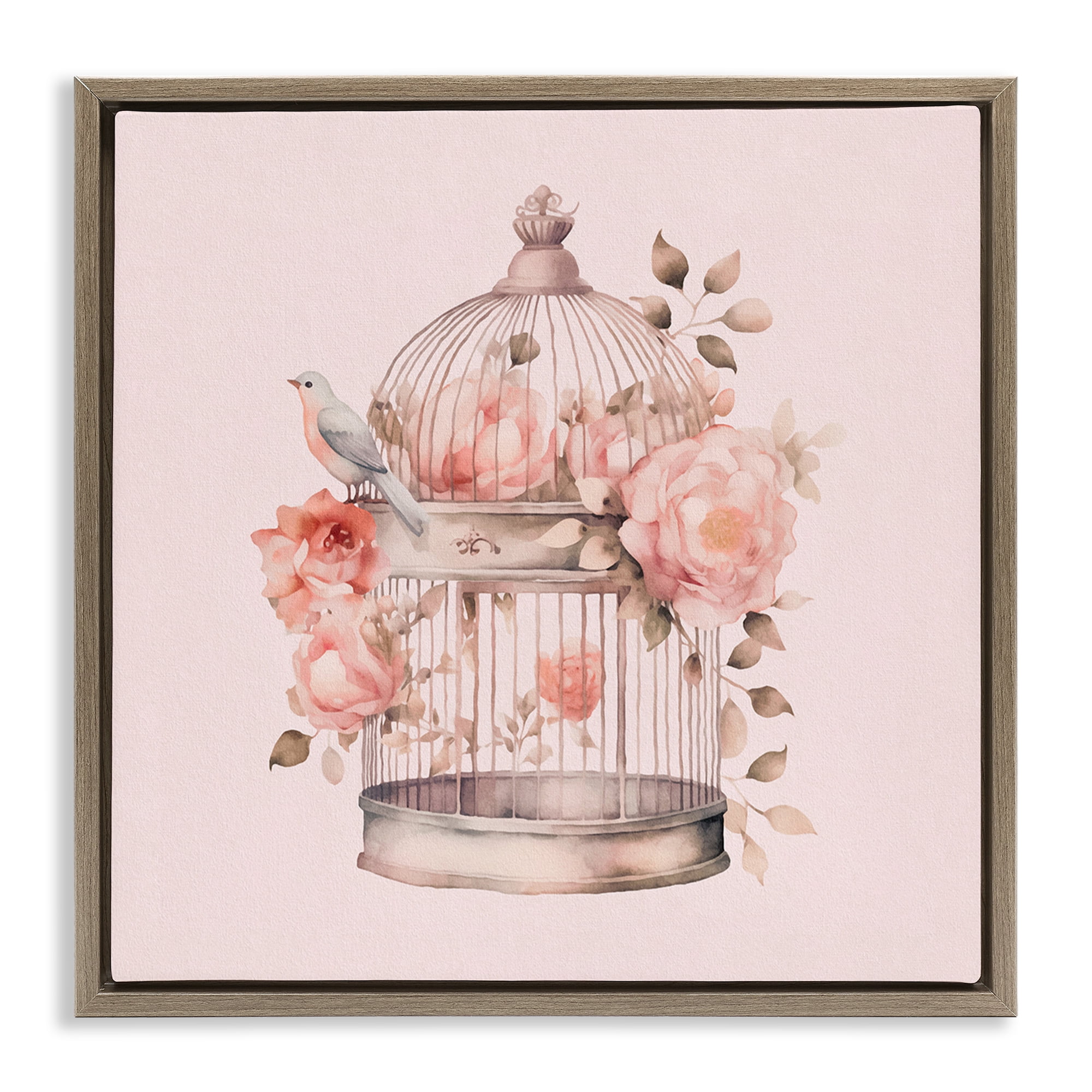 Stupell Industries Bird Cage with Rose Blooms Botanical & Floral Painting Brown Floater Framed Canvas Art Print Wall Art, 18 x 18