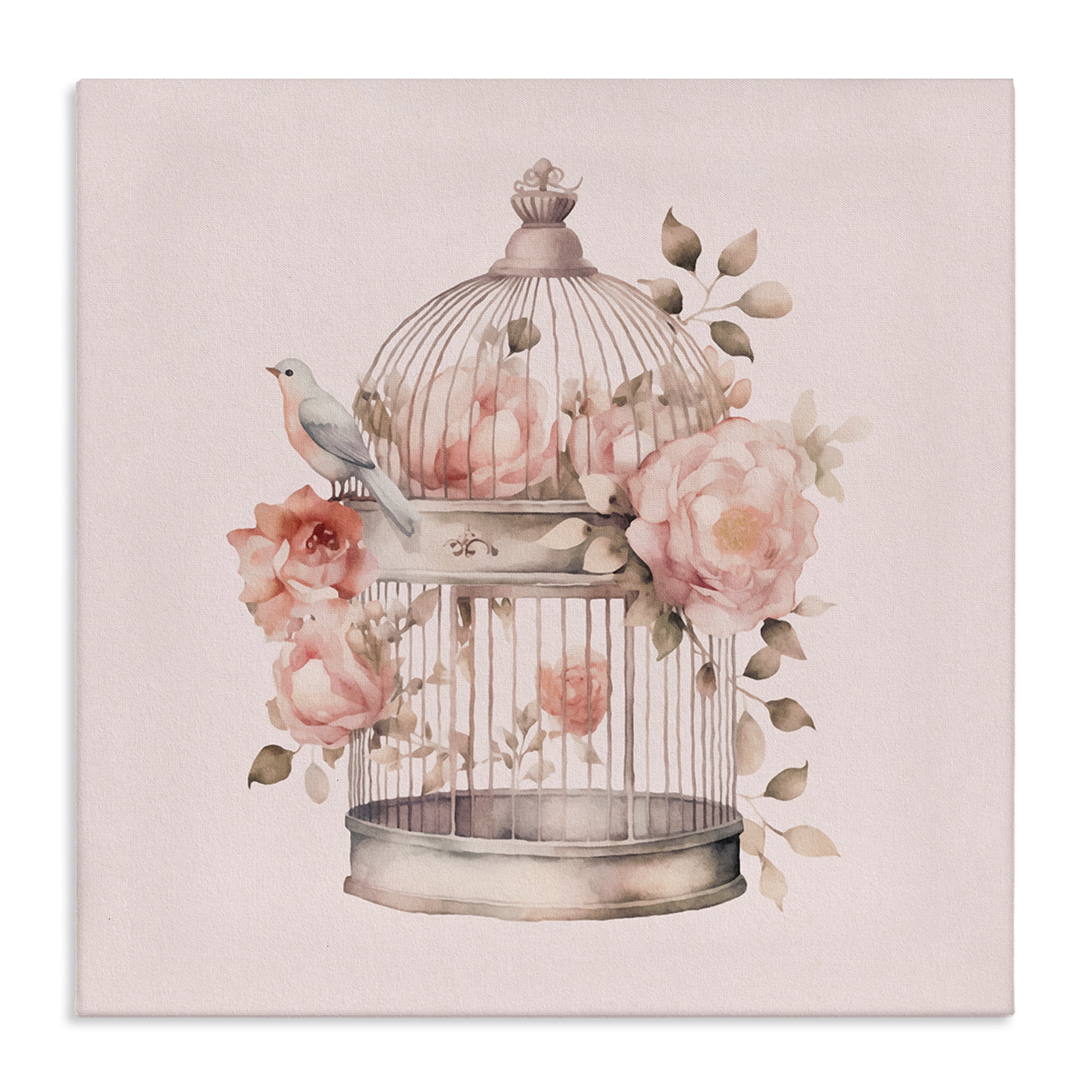 Stupell Industries Bird Cage with Rose Blooms Botanical & Floral Painting Gallery Wrapped Canvas Art Print Wall Art, 17 x 17