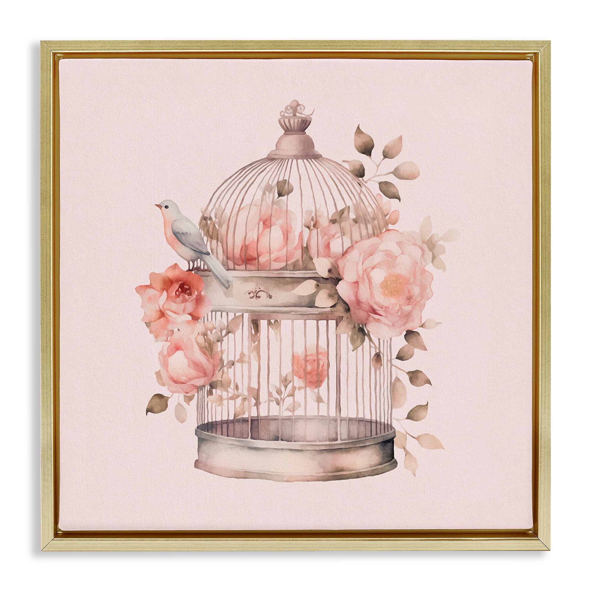 Stupell Industries Bird Cage with Rose Blooms Botanical & Floral Painting Gold Floater Framed Canvas Art Print Wall Art, 25 x 25