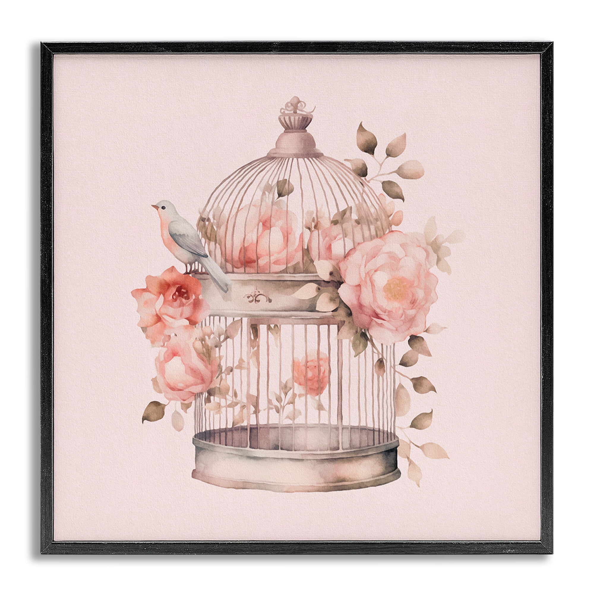 Stupell Industries Bird Cage with Rose Blooms Botanical & Floral Painting Gray Framed Art Print Wall Art, 17 x 17