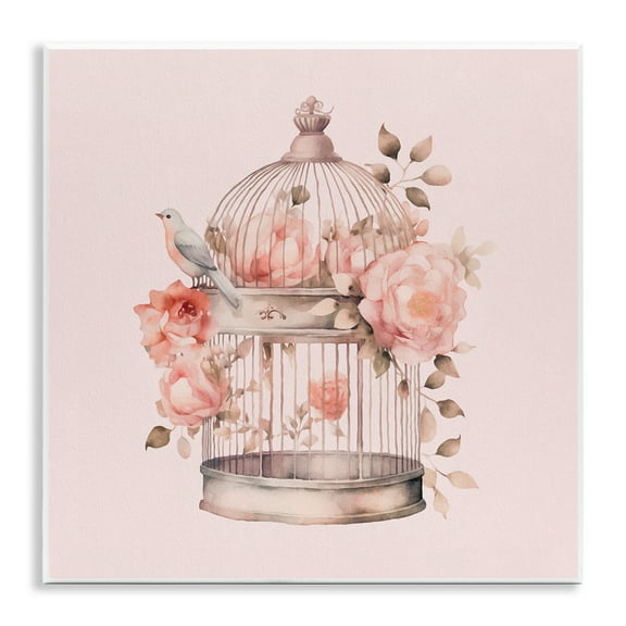 Stupell Industries Bird Cage with Rose Blooms Botanical & Floral Painting Unframed Art Print Wall Art, 12 x 12