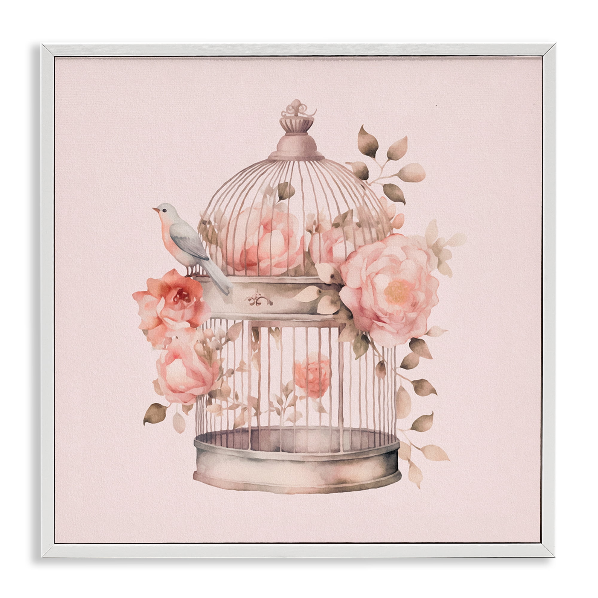 Stupell Industries Bird Cage with Rose Blooms Botanical & Floral Painting White Framed Art Print Wall Art, 12 x 12