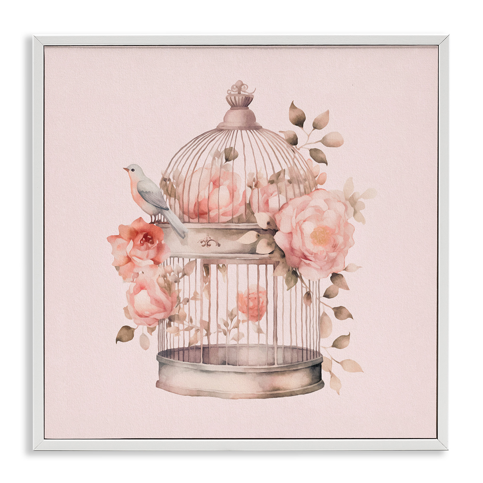 Stupell Industries Bird Cage with Rose Blooms Botanical & Floral Painting White Framed Art Print Wall Art, 24 x 24