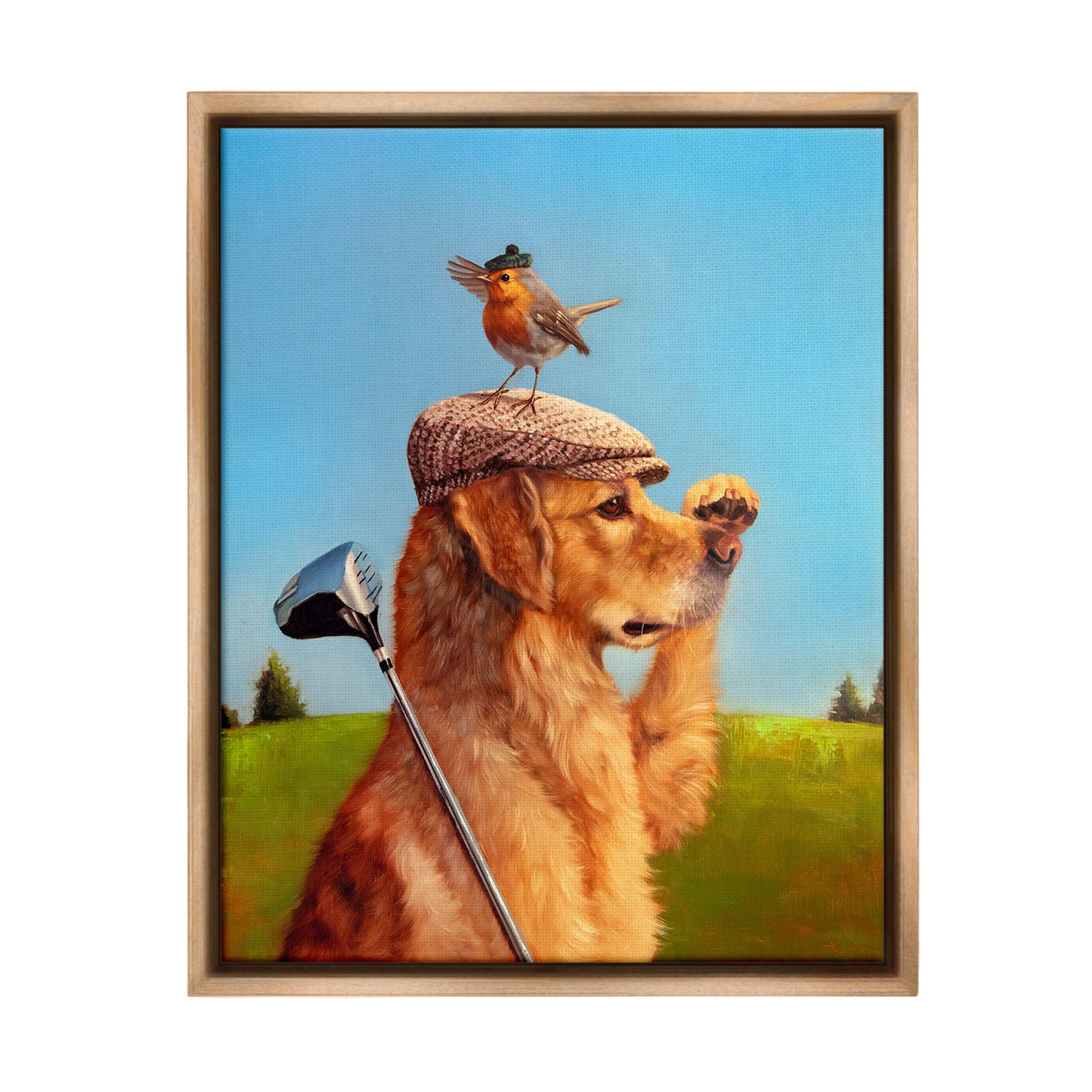 Stupell Industries Bird & Dog Golfing Animals & Insects Painting Brown Floater Framed Canvas Art Print Wall Art, 17 x 21