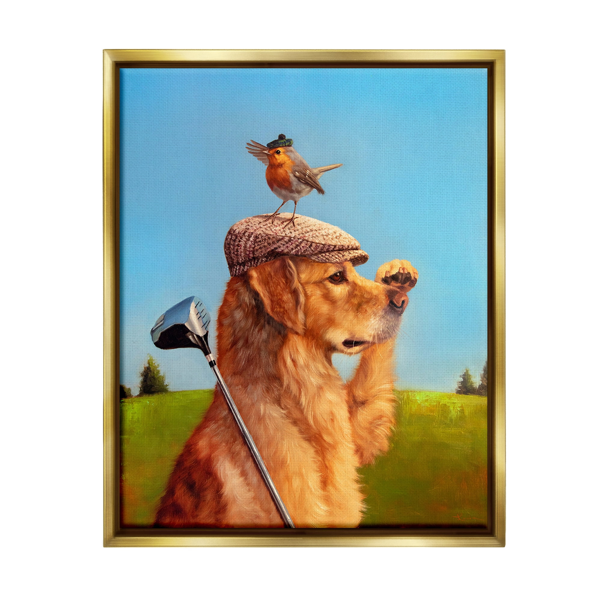 Stupell Industries Bird & Dog Golfing Animals & Insects Painting Gold Floater Framed Canvas Art Print Wall Art, 25 x 31