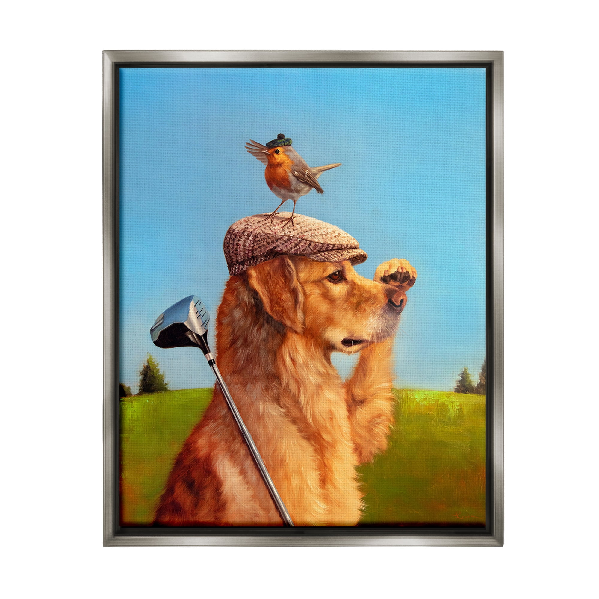 Stupell Industries Bird & Dog Golfing Animals & Insects Painting Gray Floater Framed Canvas Art Print Wall Art, 25 x 31