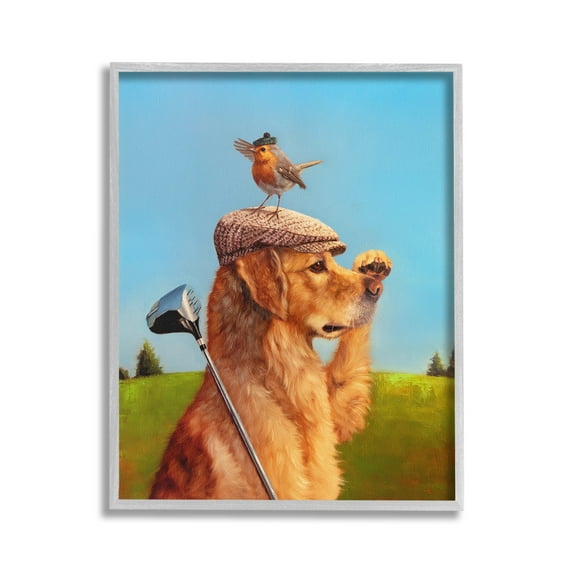 Stupell Industries Bird & Dog Golfing Animals & Insects Painting Gray Framed Art Print Wall Art, 24 x 30