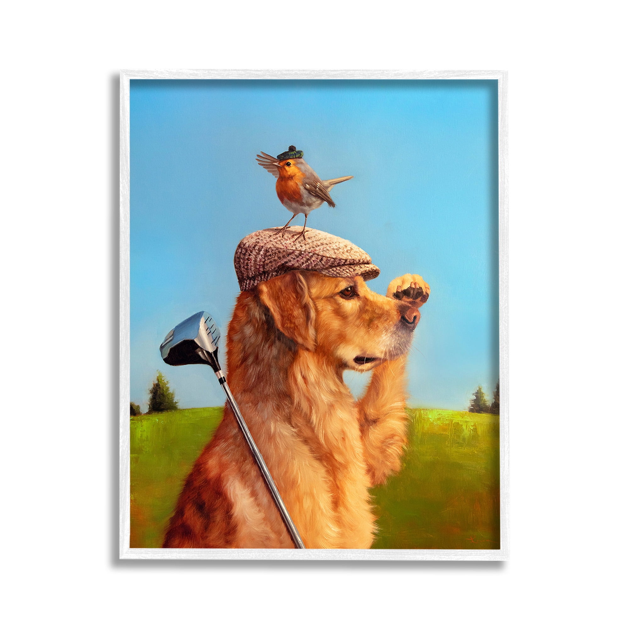 Stupell Industries Bird & Dog Golfing Animals & Insects Painting White Framed Art Print Wall Art, 11 x 14