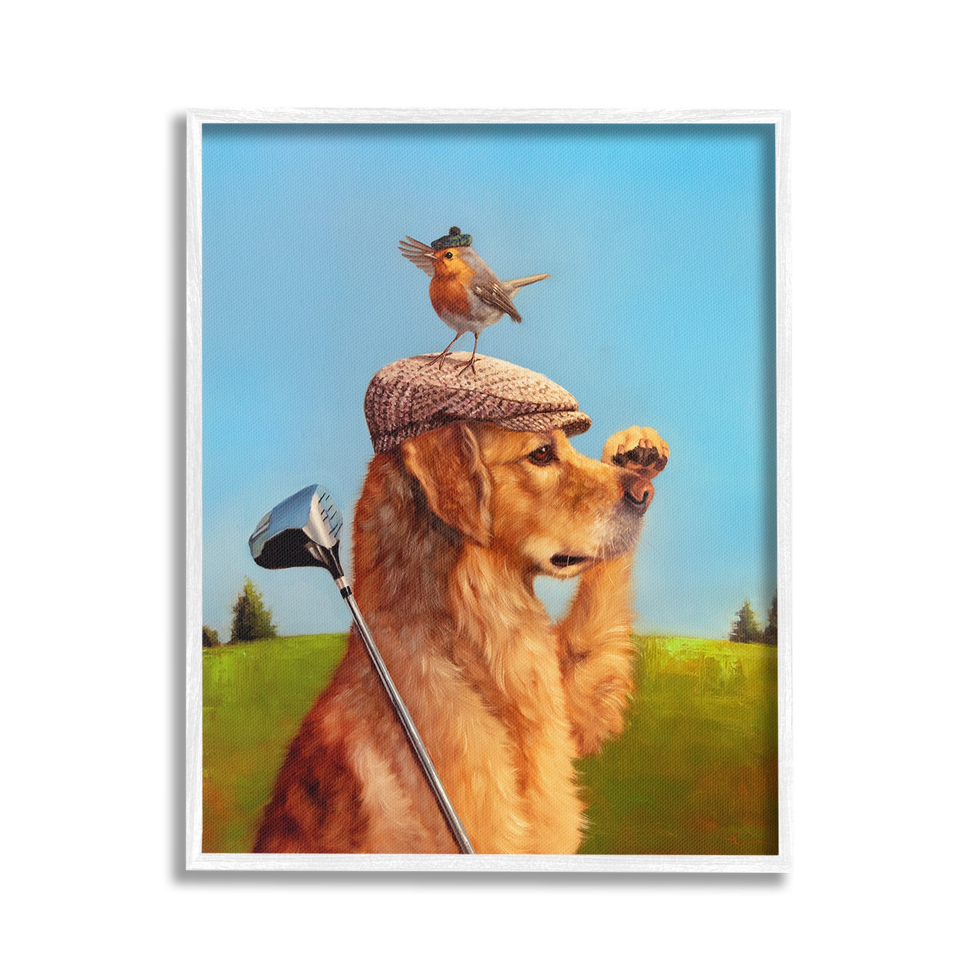 Stupell Industries Bird & Dog Golfing Animals & Insects Painting White Framed Art Print Wall Art, 16 x 20