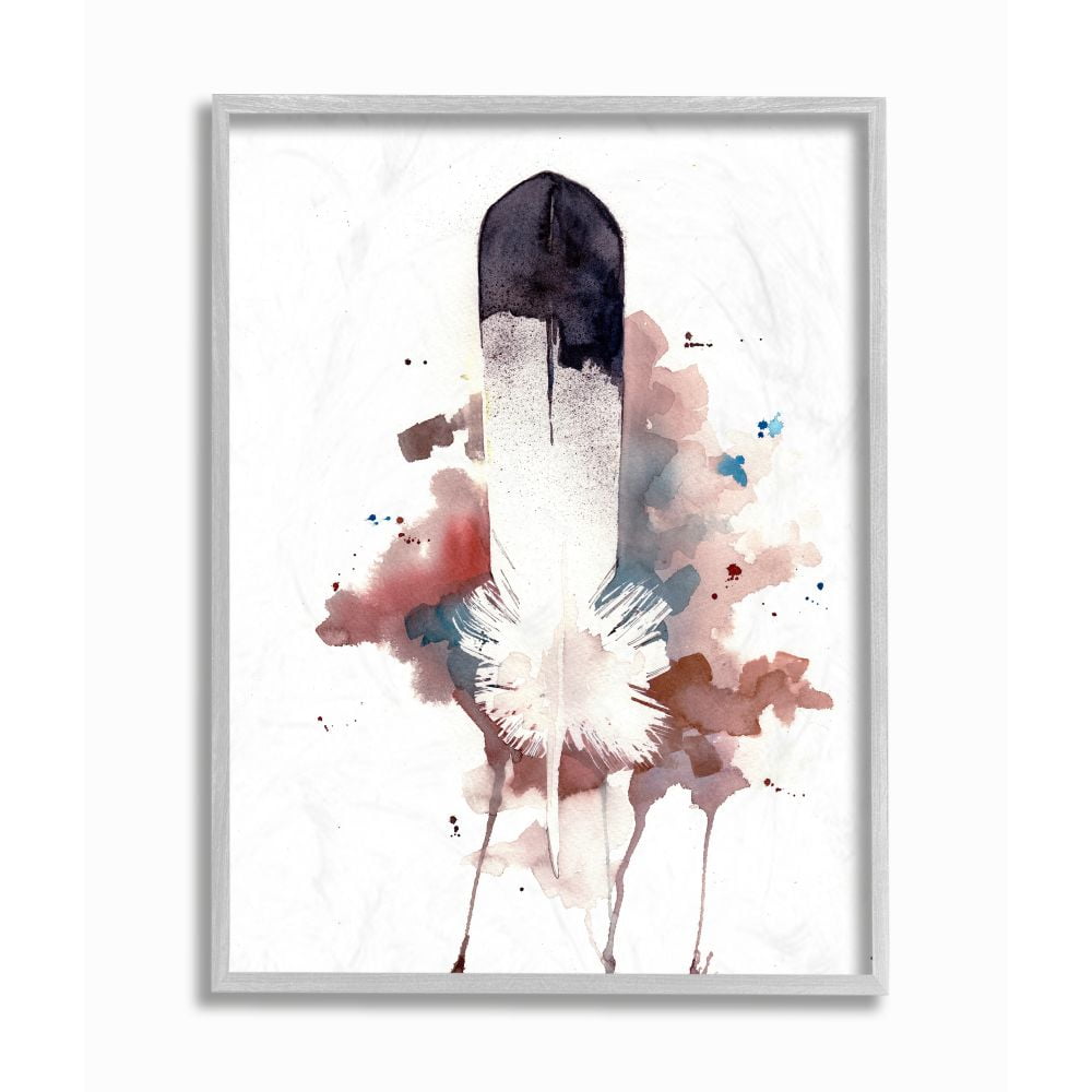 Bird Feather Abstract Watercolor Painting with Gray Frame
