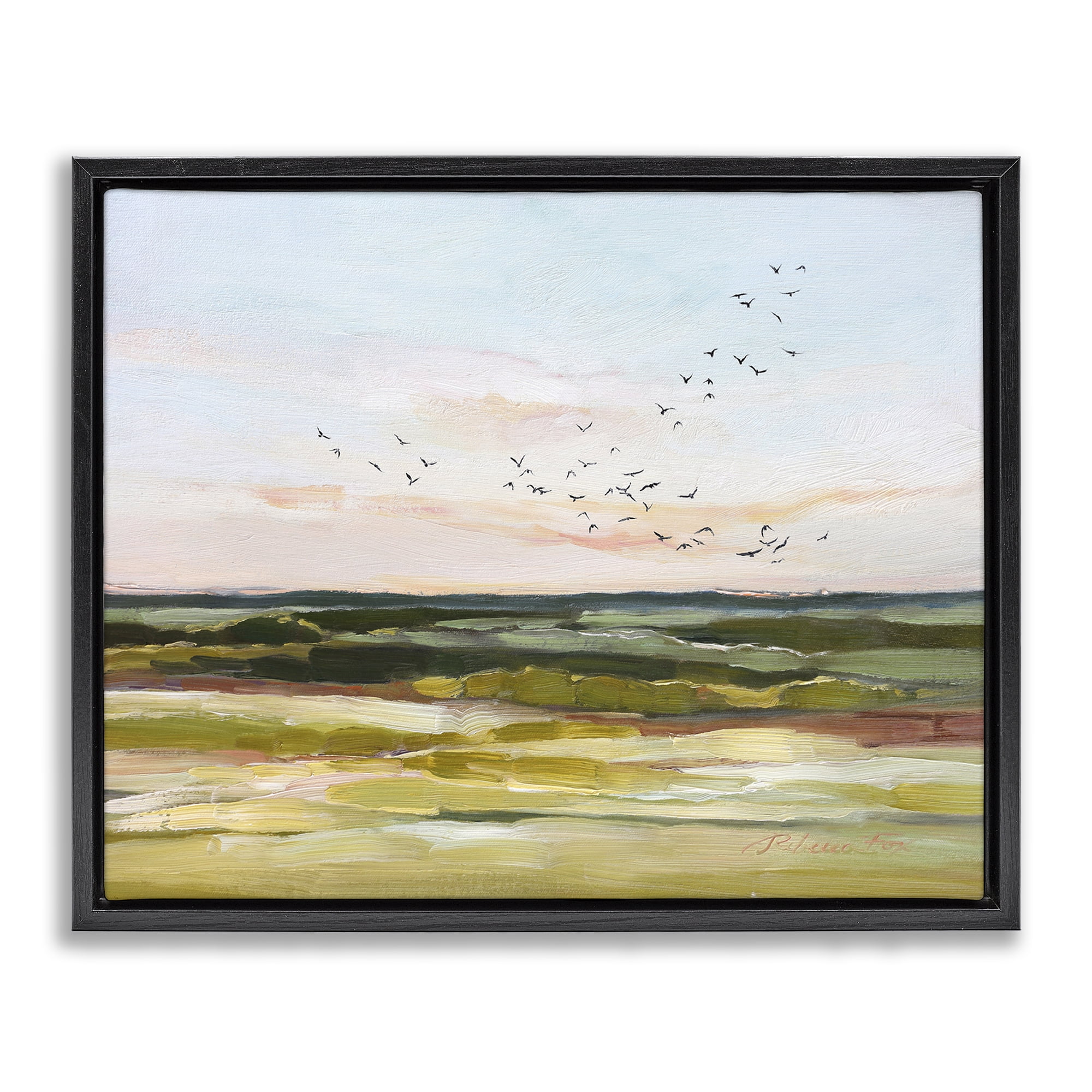 Stupell Industries Bird Flock over Grassland Landscape & Nature Painting Black Floater Framed Canvas Art Print Wall Art, 31 x 25