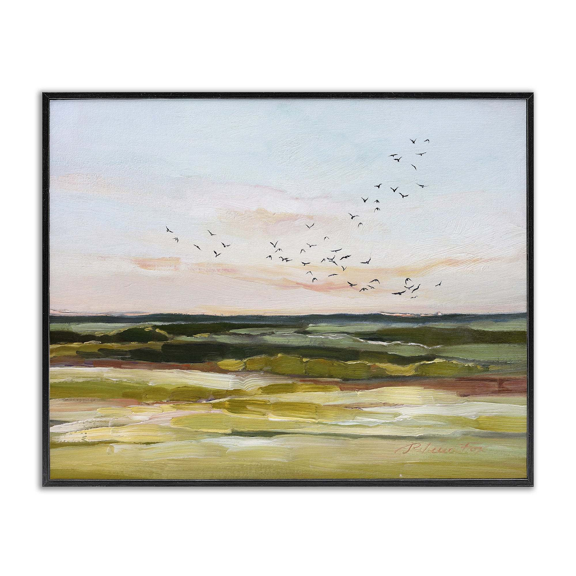 Stupell Industries Bird Flock over Grassland Landscape & Nature Painting Black Framed Art Print Wall Art, 30 x 24
