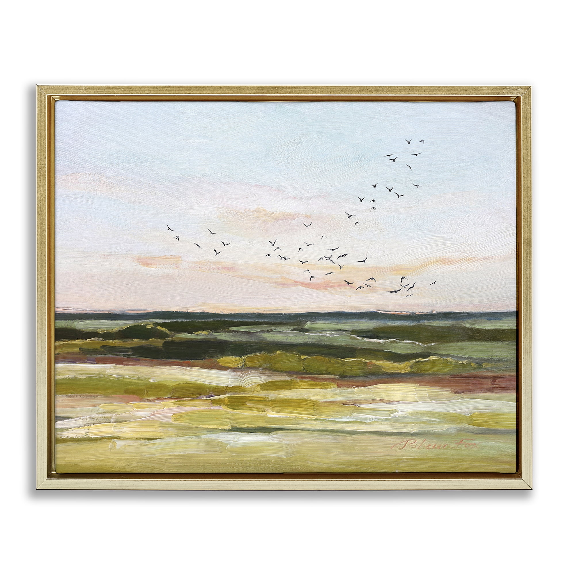 Stupell Industries Bird Flock over Grassland Landscape & Nature Painting Gold Floater Framed Canvas Art Print Wall Art, 31 x 25