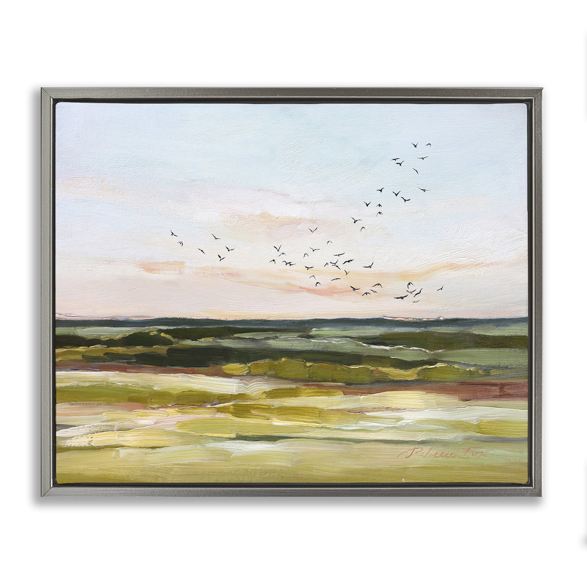 Stupell Industries Bird Flock over Grassland Landscape & Nature Painting Gray Floater Framed Canvas Art Print Wall Art, 31 x 25