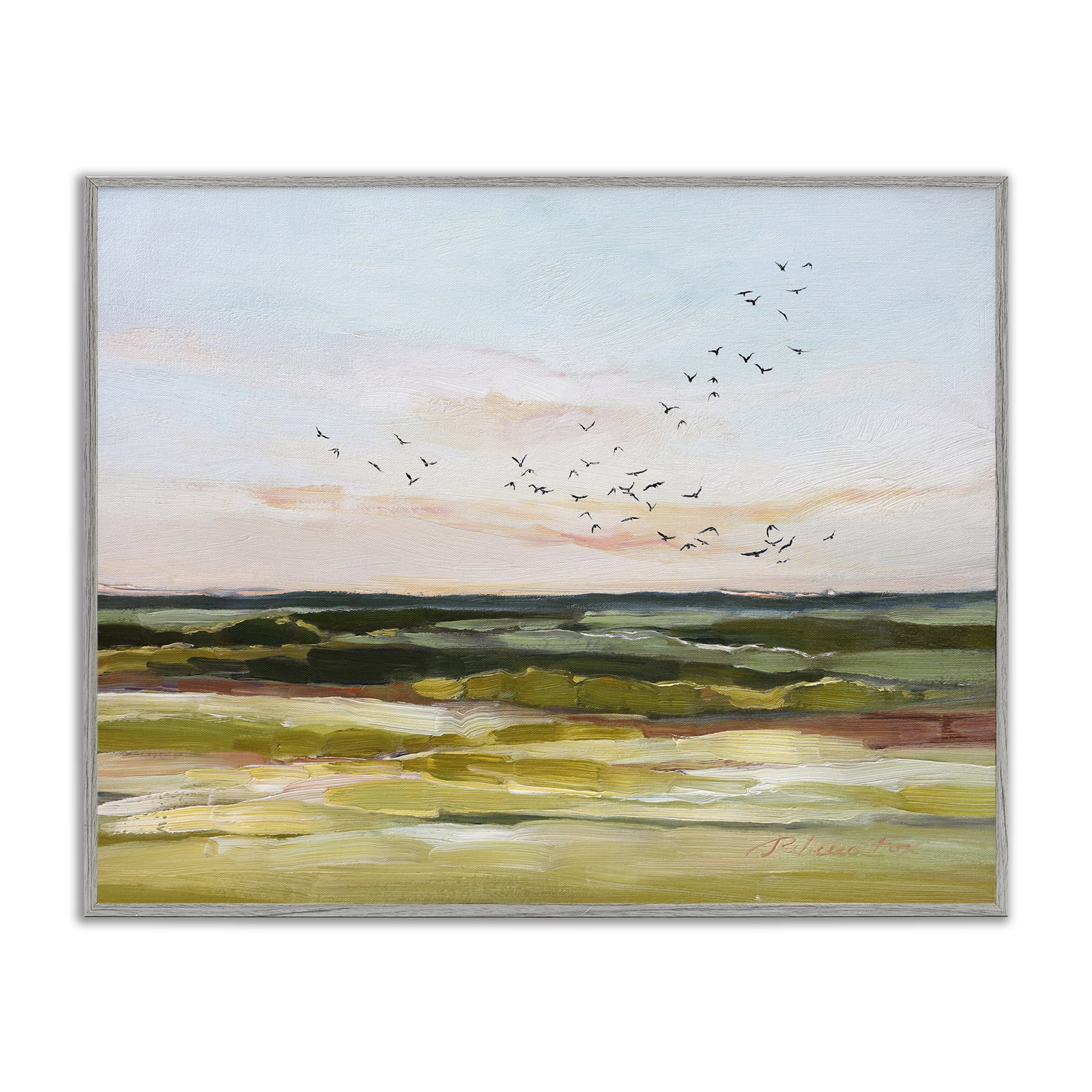 Stupell Industries Bird Flock over Grassland Landscape & Nature Painting Gray Framed Art Print Wall Art, 14 x 11