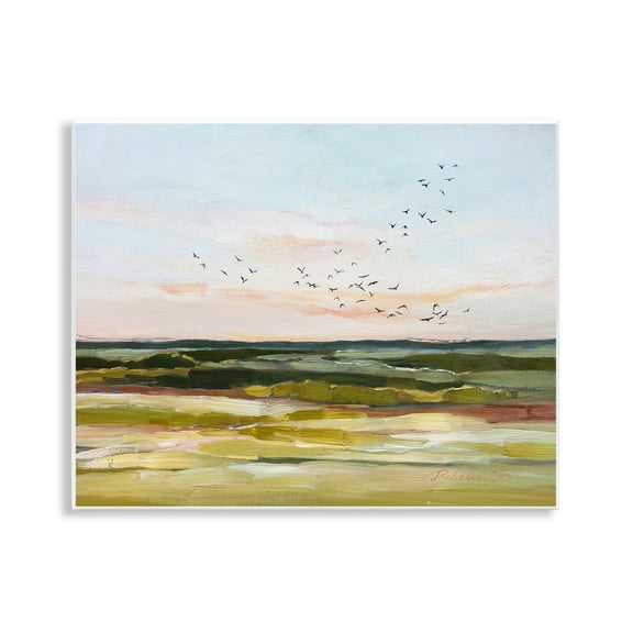 Stupell Industries Bird Flock over Grassland Landscape & Nature Painting Unframed Art Print Wall Art, 14 x 11