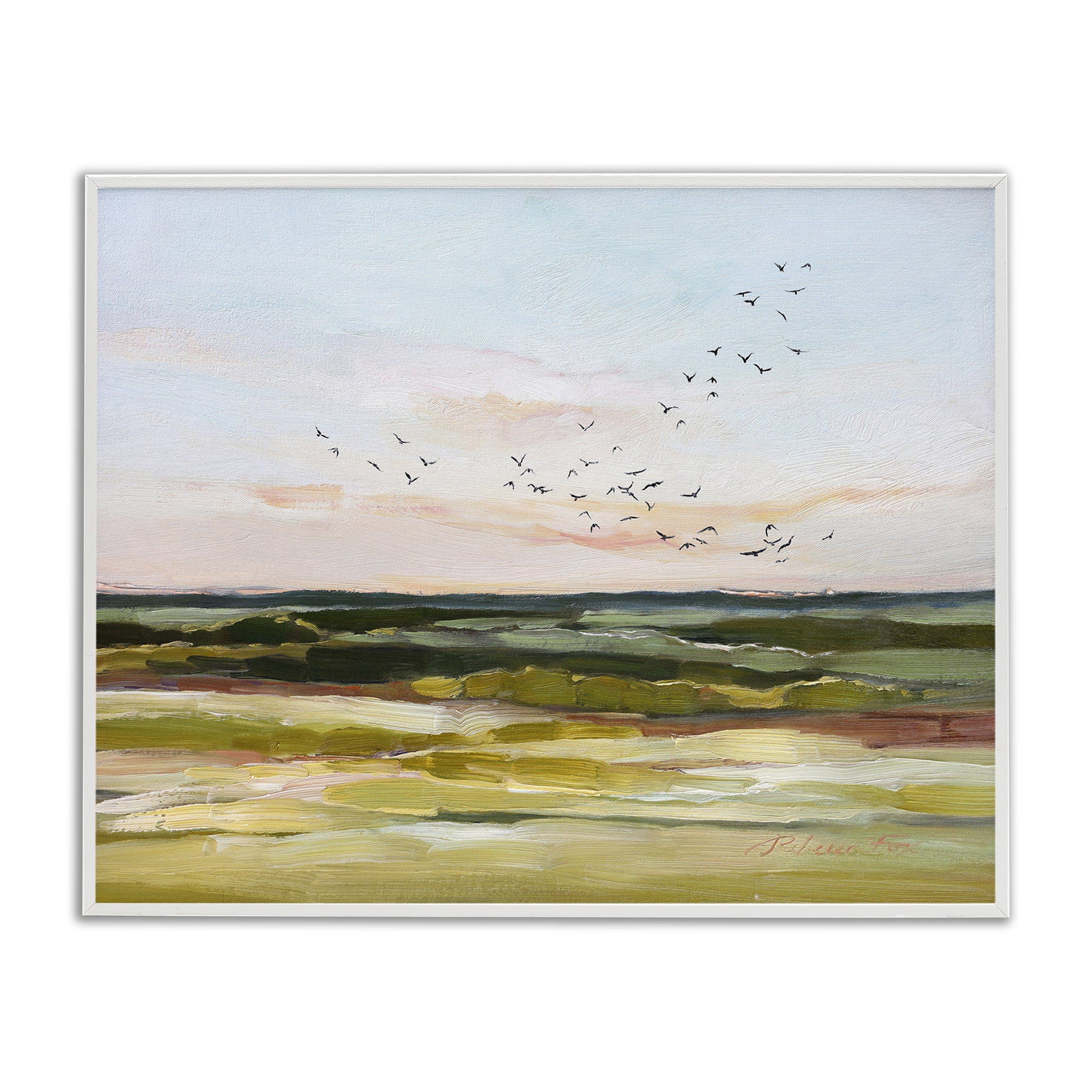 Stupell Industries Bird Flock over Grassland Landscape & Nature Painting White Framed Art Print Wall Art, 14 x 11