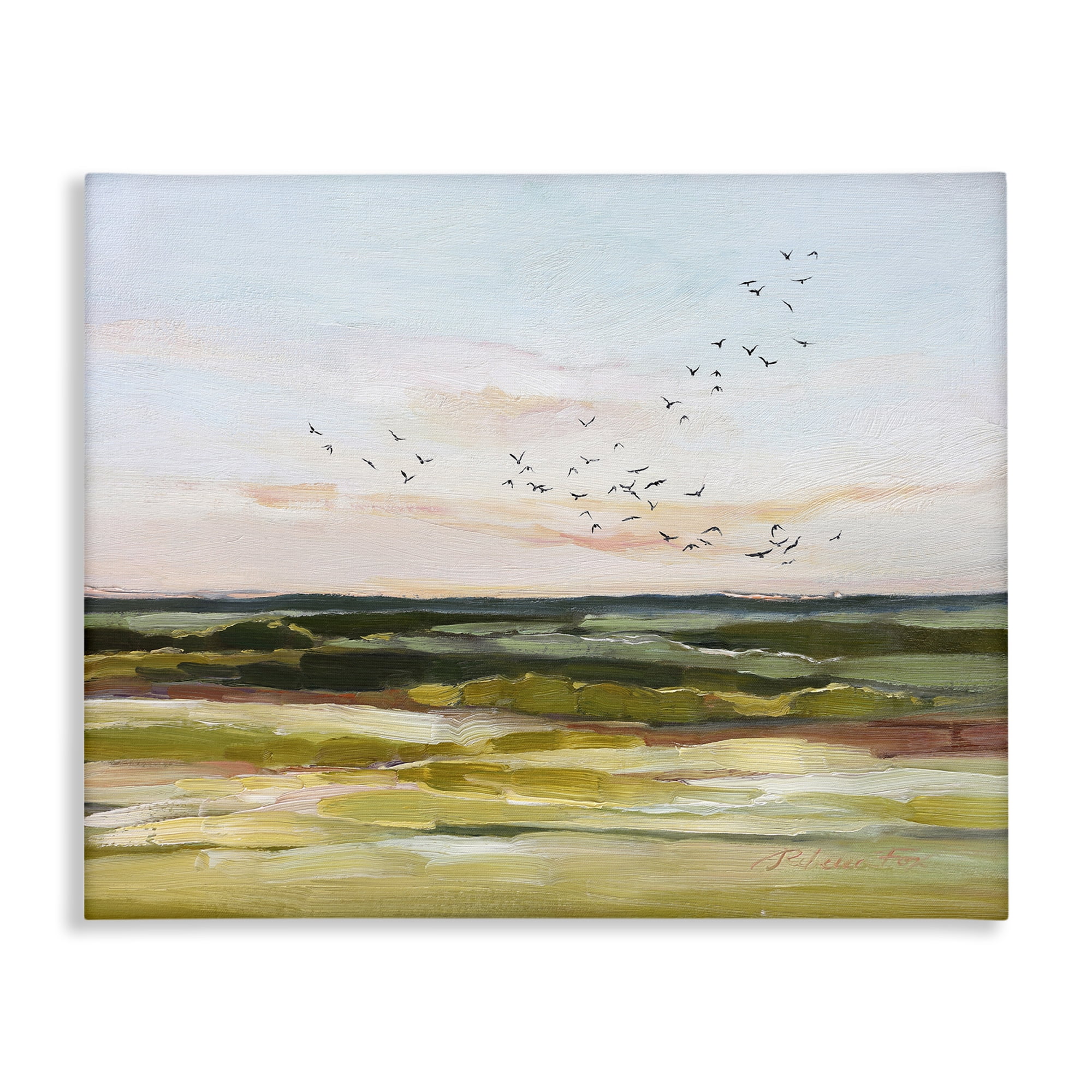 Stupell Industries Bird Flock over Grassland Landscape & Nature Painting Wrapped Canvas Art Print Wall Art, 48 x 36