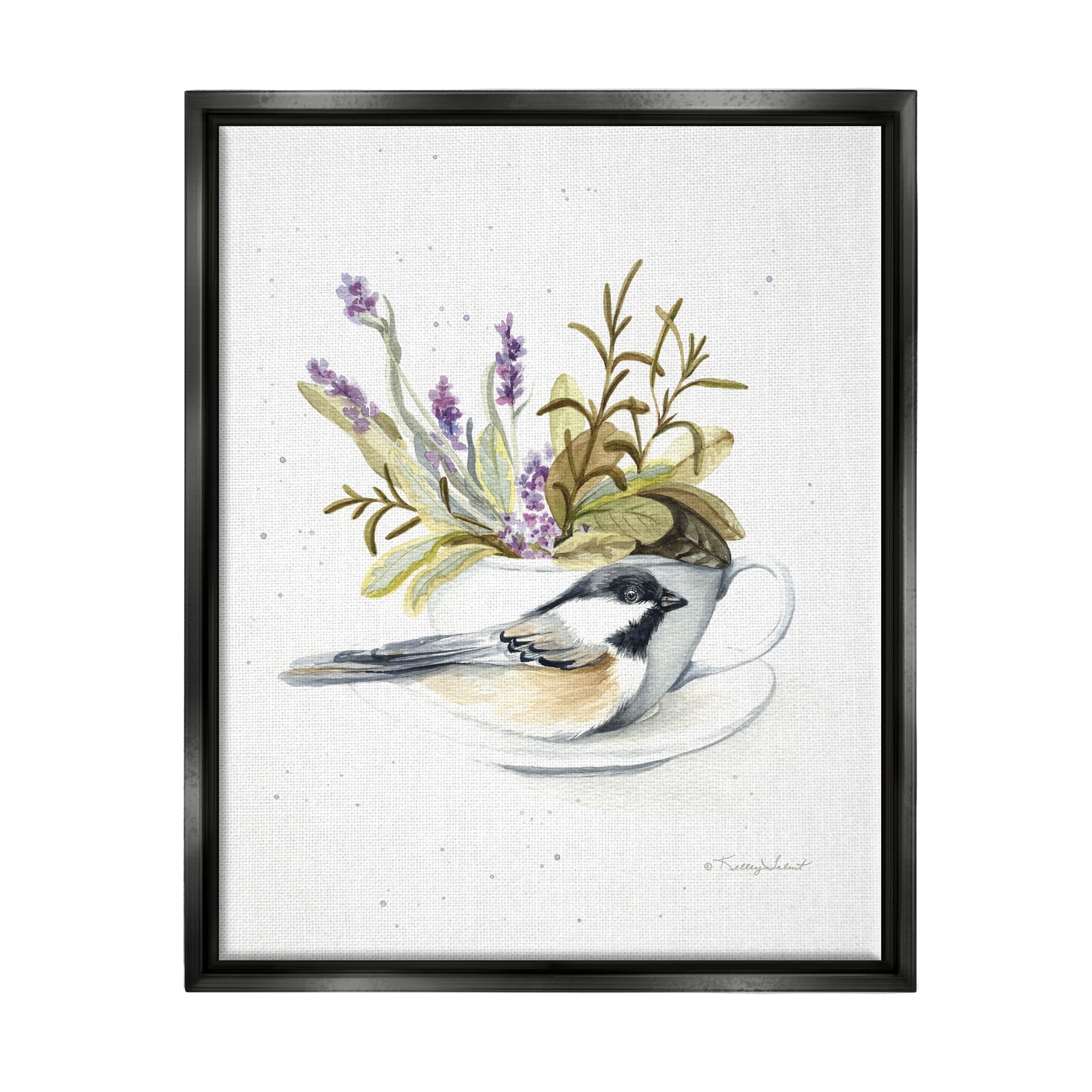 Stupell Industries Bird & Floral Teacup Animals & Insects Painting Black Floater Framed Art Print Wall Art, 25 x 31