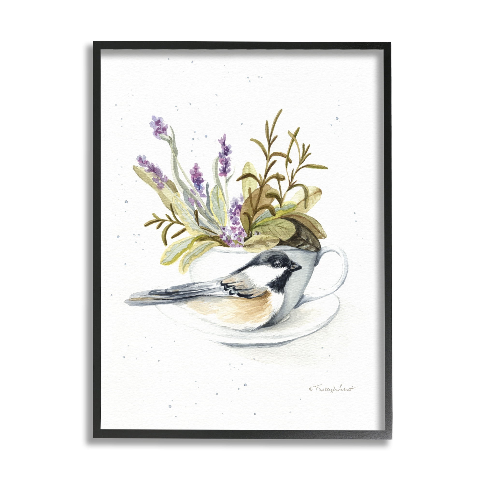Stupell Industries Bird & Floral Teacup Animals & Insects Painting Black Framed Art Print Wall Art, 11 x 14