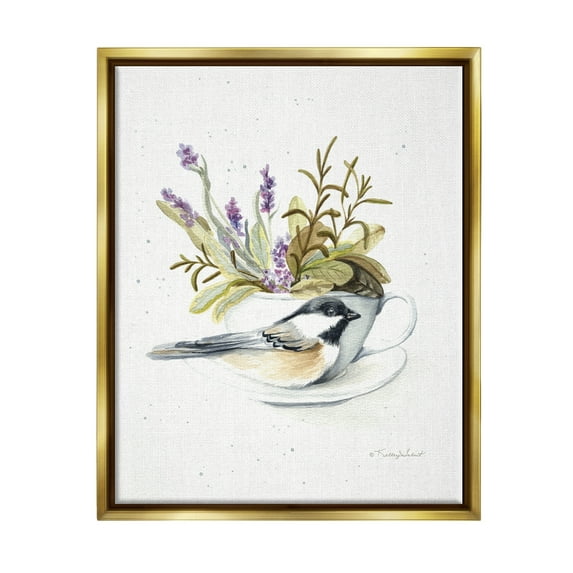 Stupell Industries Bird & Floral Teacup Animals & Insects Painting Gold Floater Framed Art Print Wall Art, 17 x 21