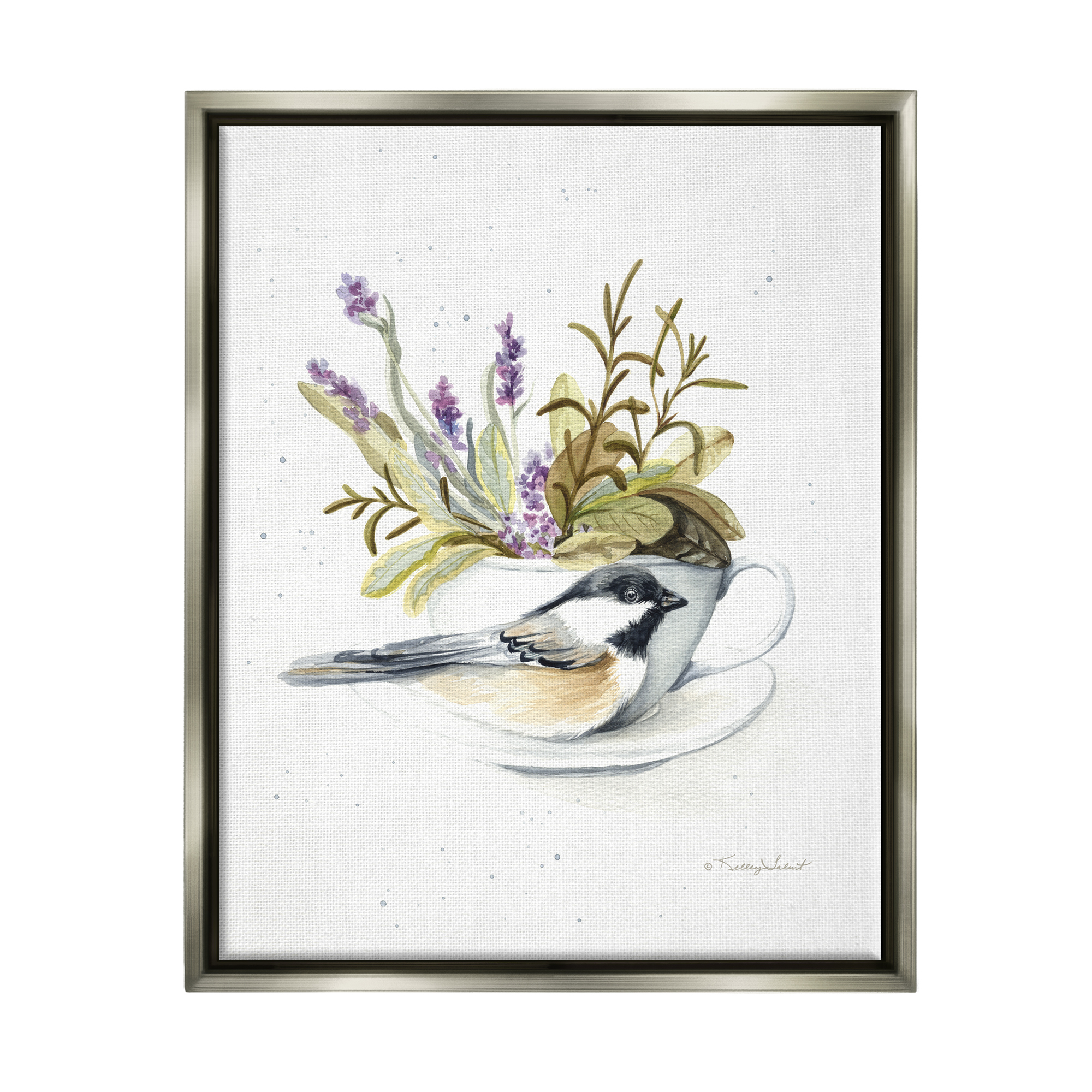 Stupell Industries Bird & Floral Teacup Animals & Insects Painting Gray Floater Framed Art Print Wall Art, 17 x 21