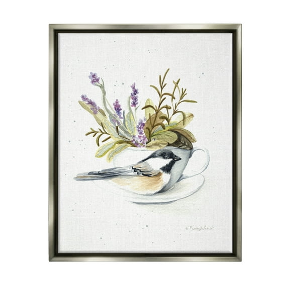 Stupell Industries Bird & Floral Teacup Animals & Insects Painting Gray Floater Framed Art Print Wall Art, 25 x 31