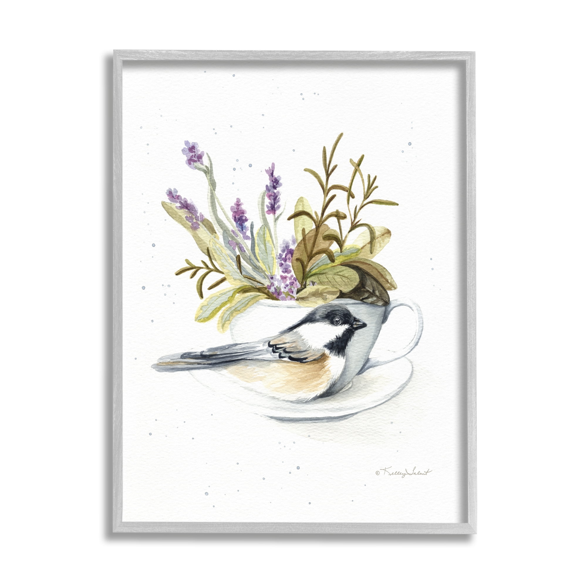 Stupell Industries Bird & Floral Teacup Animals & Insects Painting Gray Framed Art Print Wall Art, 11 x 14
