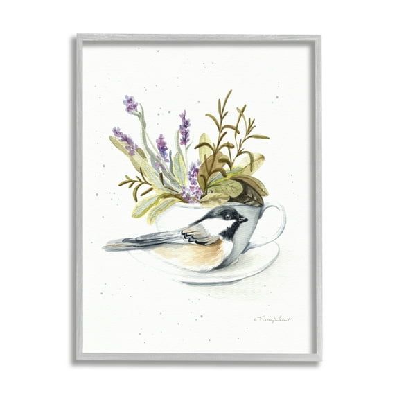 Stupell Industries Bird & Floral Teacup Animals & Insects Painting Gray Framed Art Print Wall Art, 16 x 20