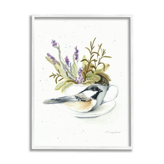 Stupell Industries Bird & Floral Teacup Animals & Insects Painting White Framed Art Print Wall Art, 11 x 14