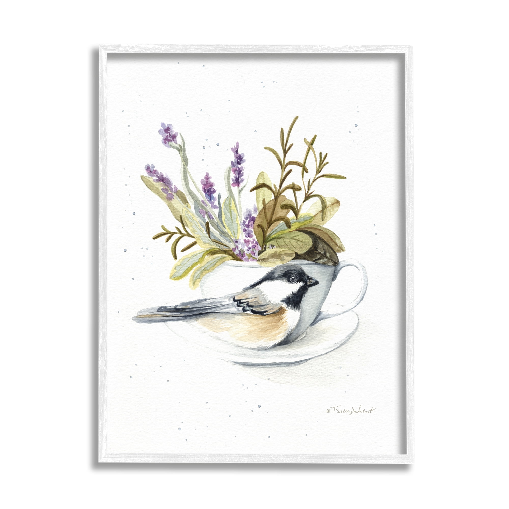 Stupell Industries Bird & Floral Teacup Animals & Insects Painting White Framed Art Print Wall Art, 16 x 20