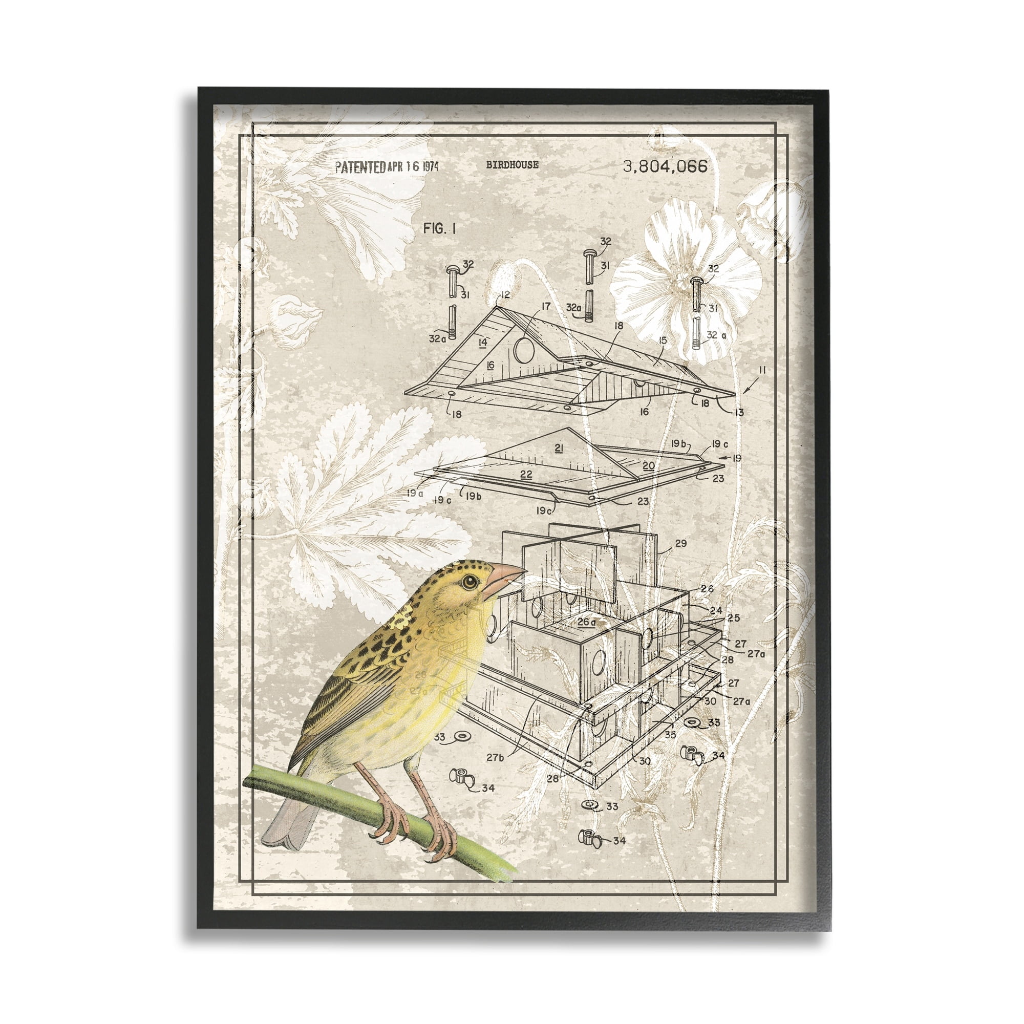 Stupell Industries Bird House Vintage Patent Forest Pattern Yellow Canary, 11 x 14, Design by Daphne Polselli