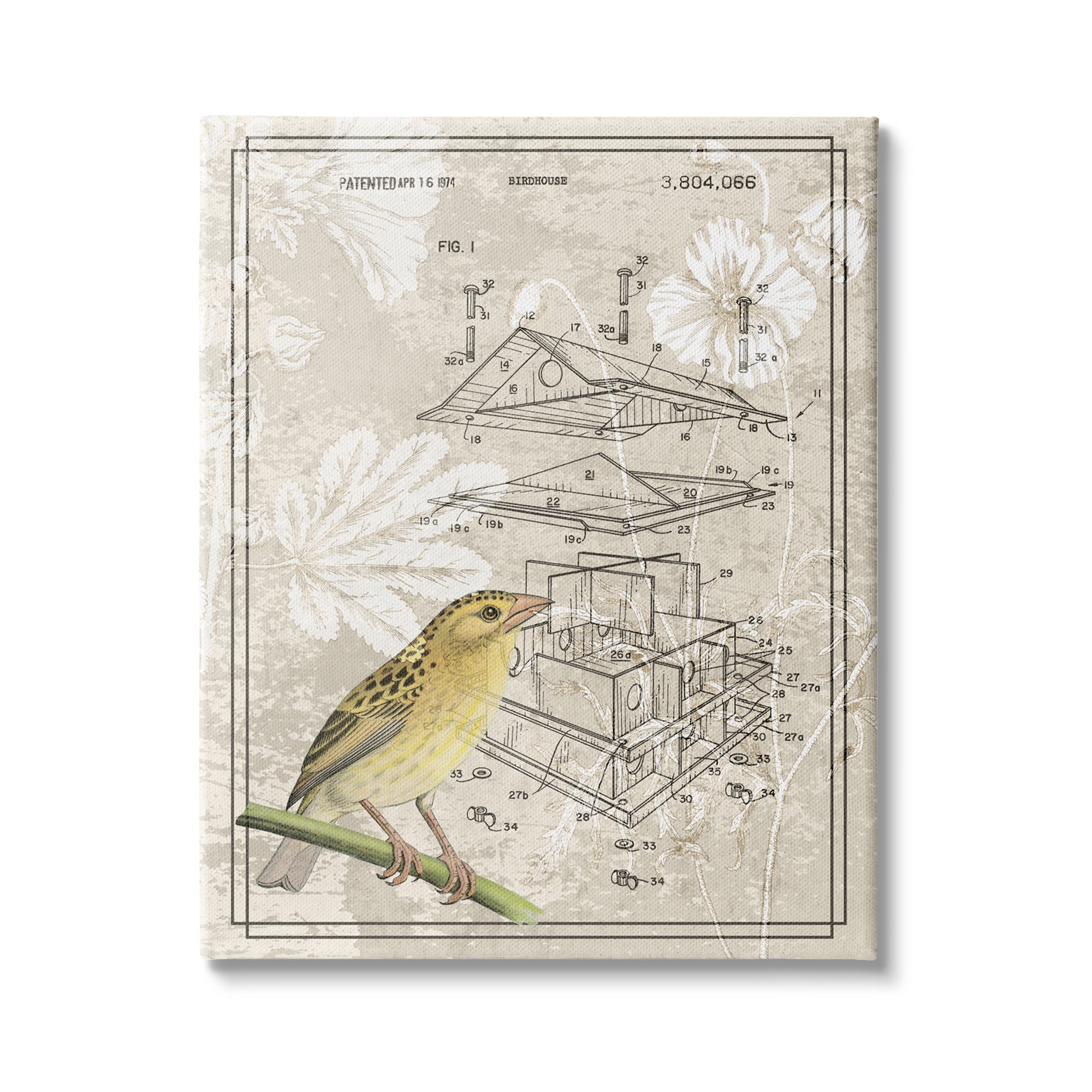 Stupell Industries Bird House Vintage Patent Forest Pattern Yellow Canary, 24 x 30, Design by Daphne Polselli