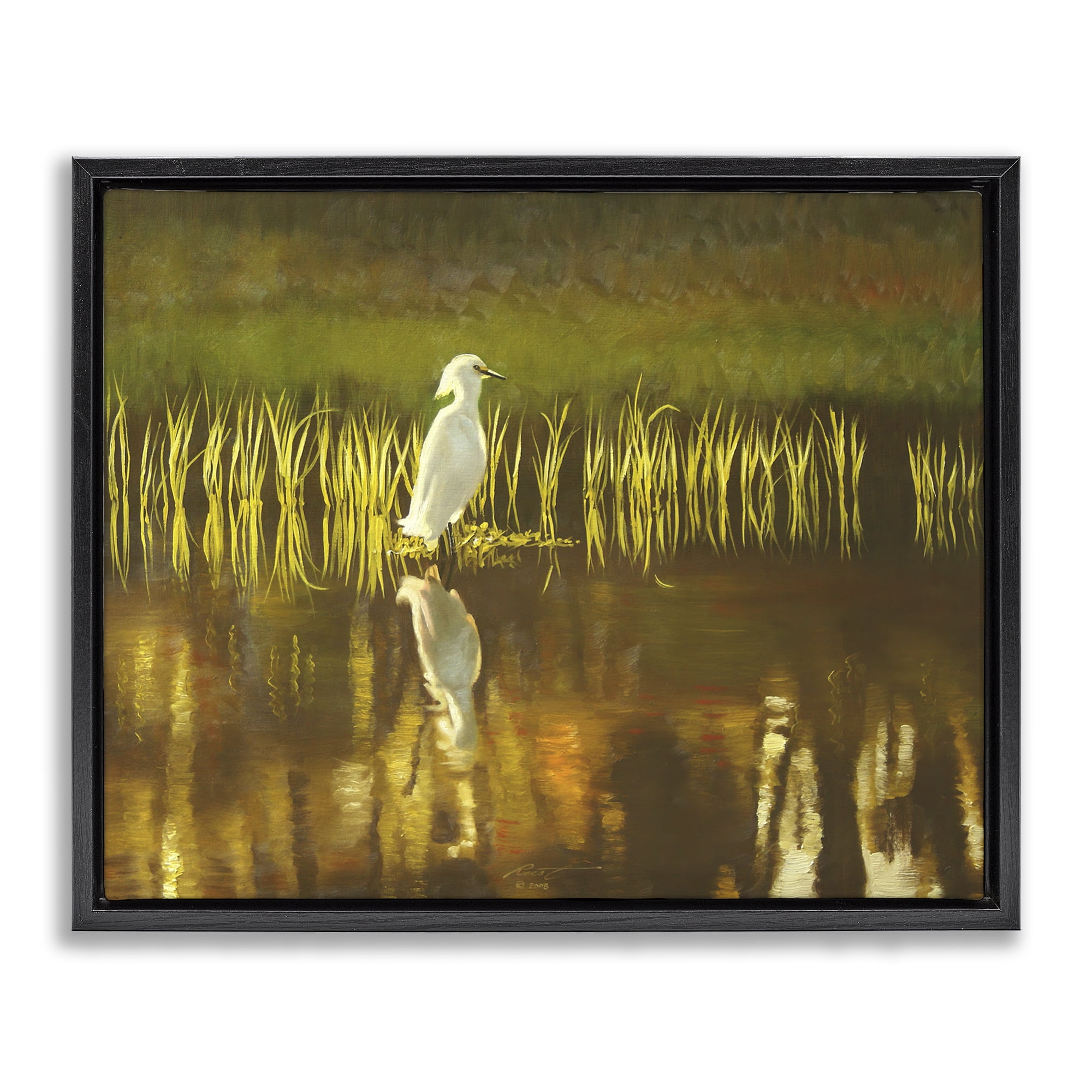 Stupell Industries Bird & Lake Botanicals Landscape Painting Black Floater Framed Canvas Art Print Wall Art, 21 x 17