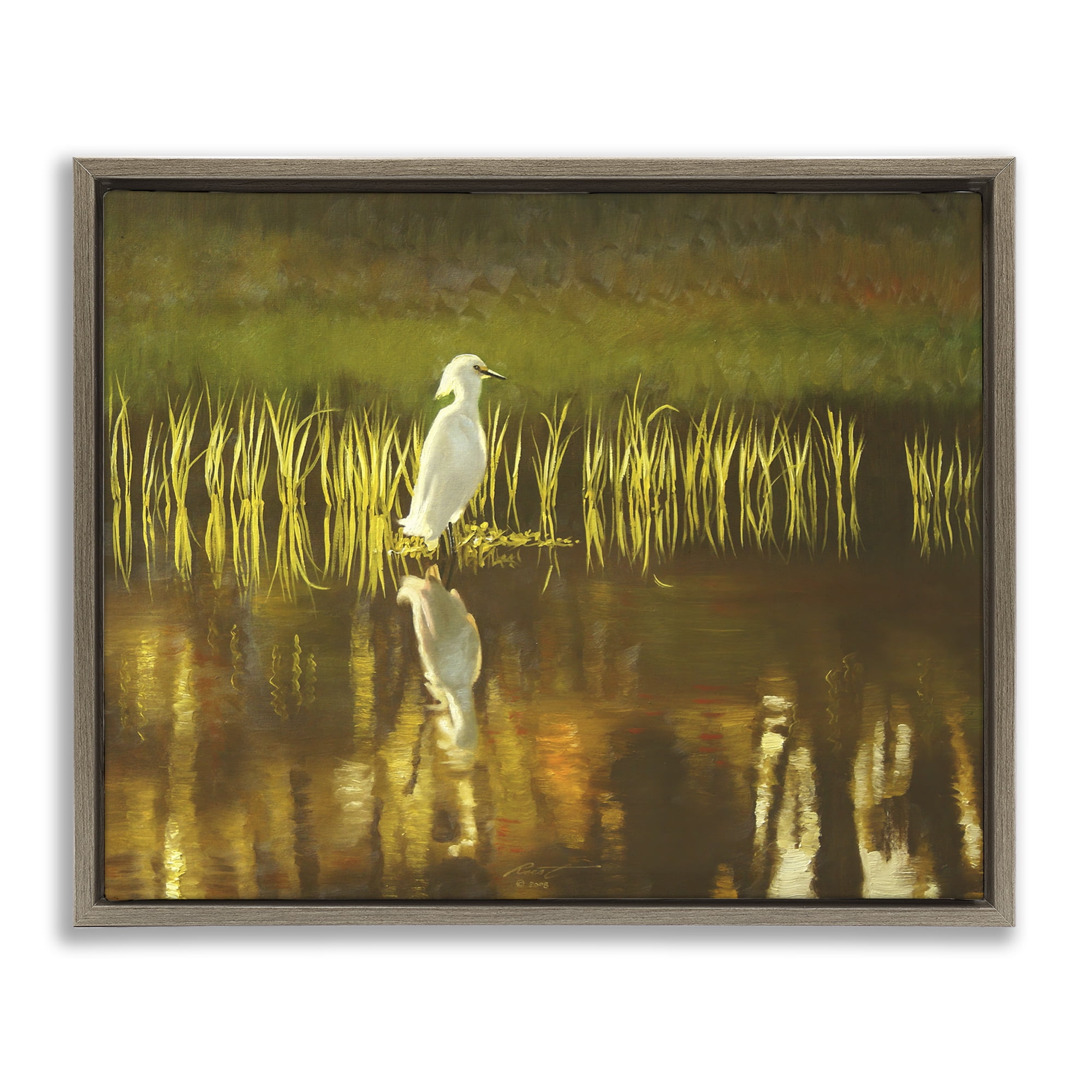 Stupell Industries Bird & Lake Botanicals Landscape Painting Brown Floater Framed Canvas Art Print Wall Art, 31 x 25