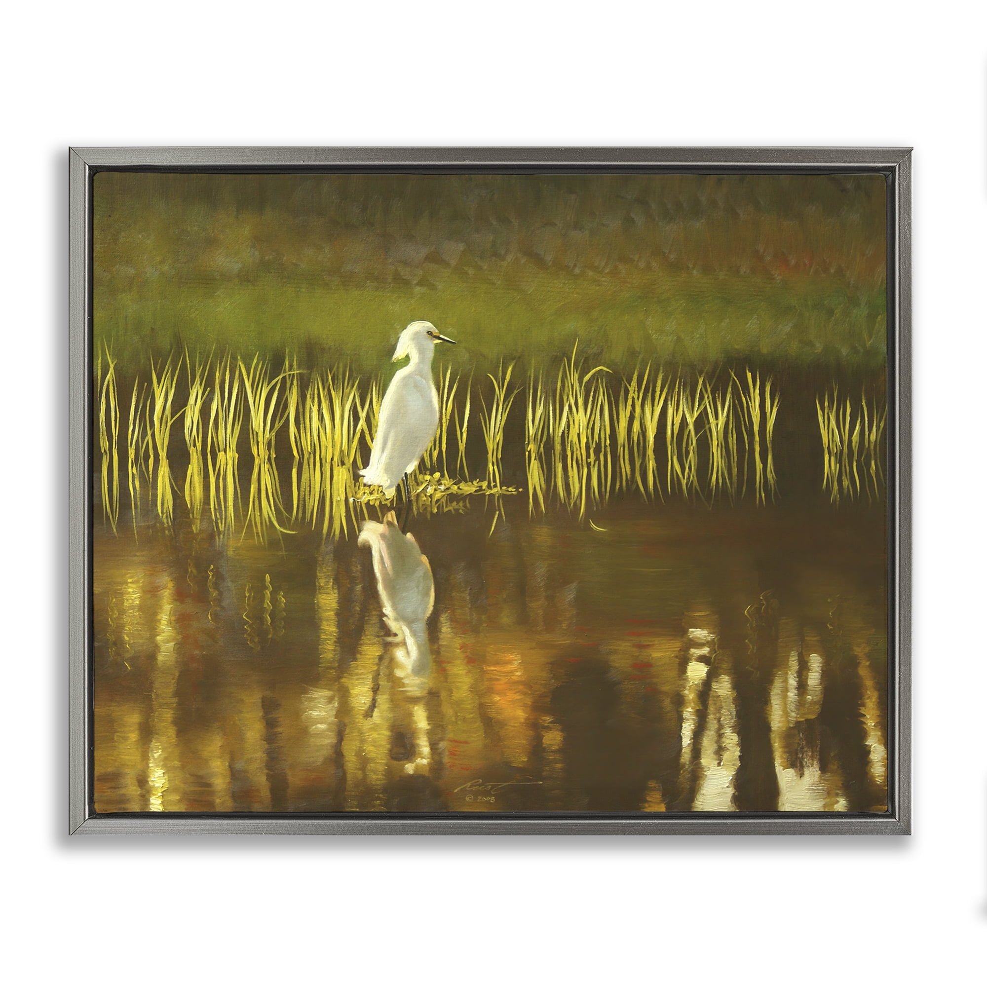Stupell Industries Bird & Lake Botanicals Landscape Painting Gray Floater Framed Canvas Art Print Wall Art, 21 x 17