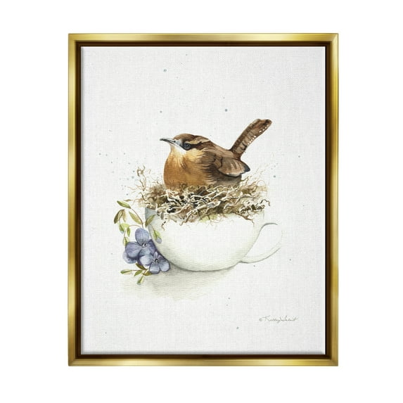 Stupell Industries Bird Nest in Teacup Animals & Insects Painting Gold Floater Framed Art Print Wall Art, 25 x 31