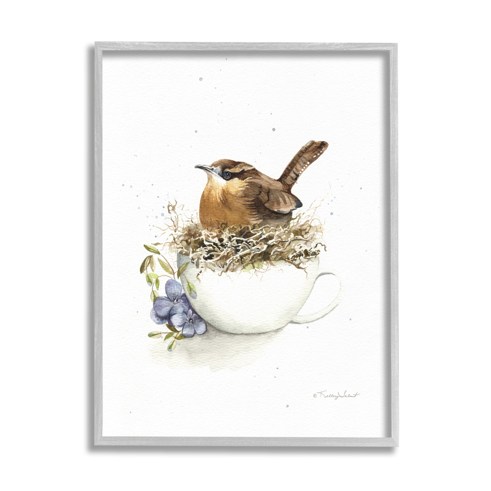 Stupell Industries Bird Nest in Teacup Animals & Insects Painting Gray Framed Art Print Wall Art, 16 x 20